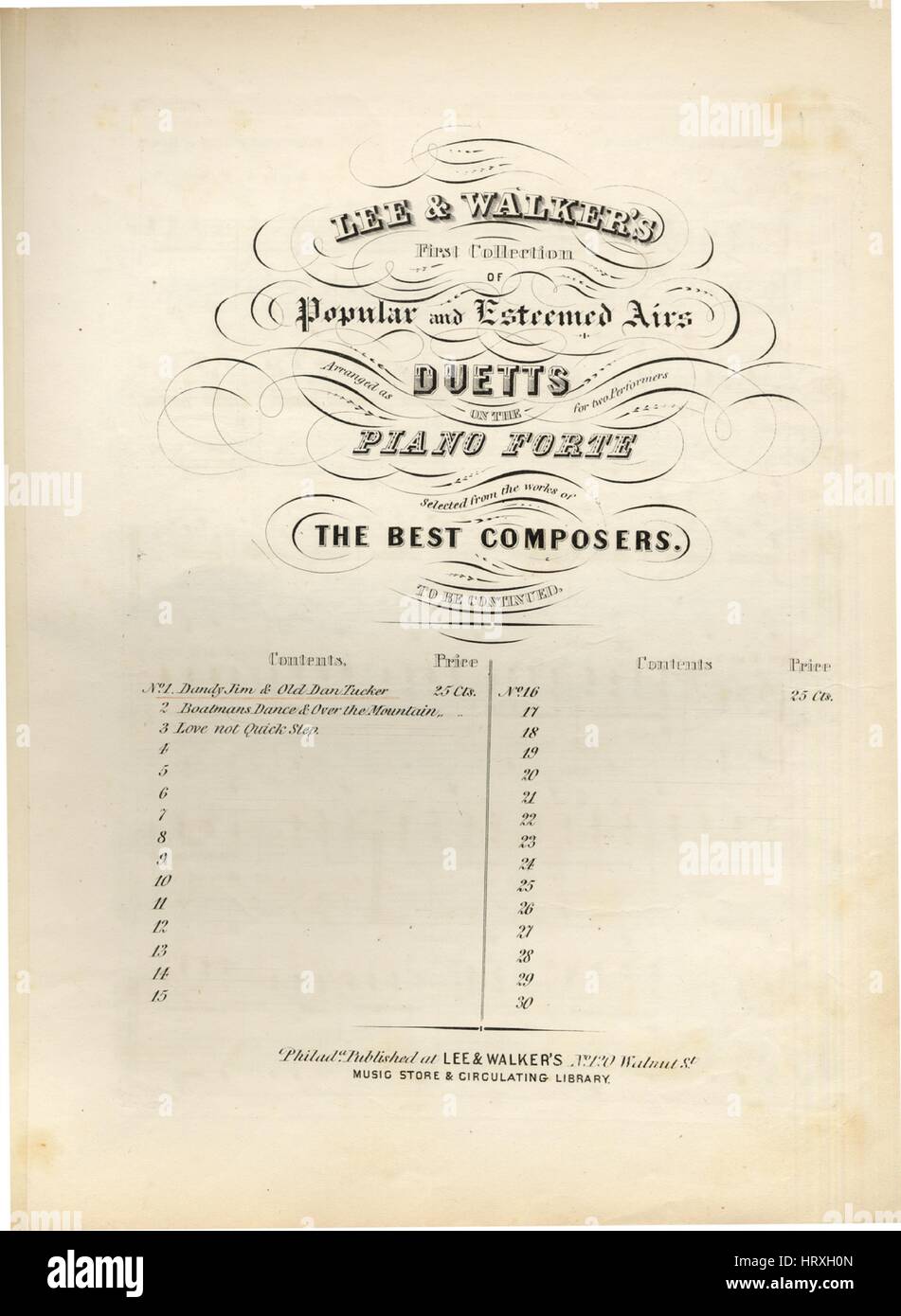 Foglio di musica immagine copertina della canzone "Lee e il camminatore di prima raccolta di richiesti e apprezzati arie, disposti come Duetts sul Piano Forte per due esecutori, scelti dalle opere dei migliori compositori Dandy Jim e Old Dan Tucker', con paternitã originale lettura delle note "Arr da CF Rudolph', Stati Uniti, 1900. L'editore è elencato come 'Lee e Walker, No.120 Noce Sant', la forma della composizione è 'sectional', la strumentazione è 'piano a quattro mani", la prima riga indica 'Nessuno', e l'illustrazione artista è elencato come 'Nessuno'. Foto Stock
