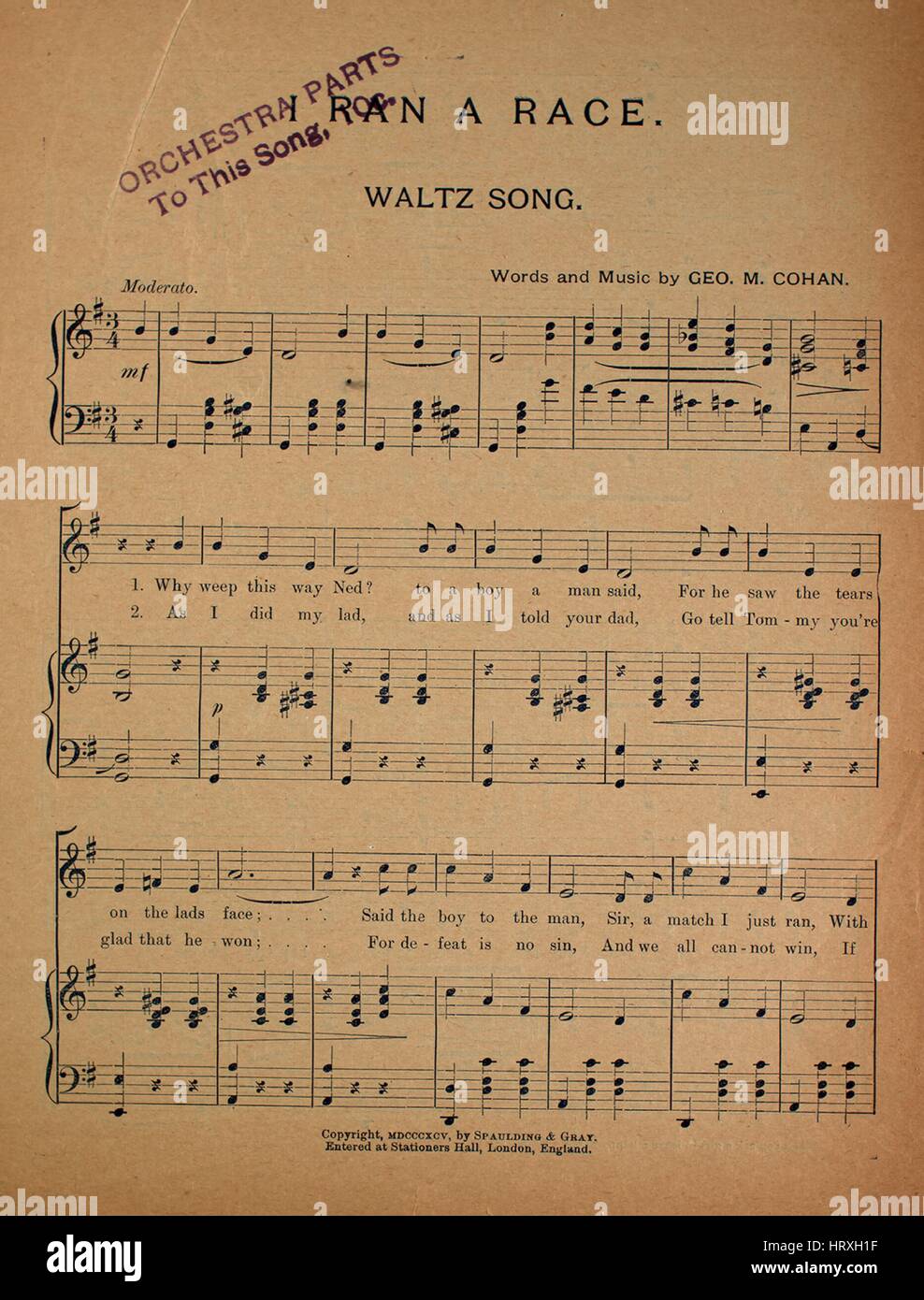 Foglio di musica immagine copertina della canzone "Ran una gara Waltz Song', con paternitã originale lettura delle note "parole e musica di Geo M Cohan', 1895. L'editore è elencato come '', la forma della composizione è 'strofico con chorus', la strumentazione è 'pianoforte e voce", la prima riga indica 'Perché piangete in questo modo Ned?', e l'illustrazione artista è elencato come 'Nessuno'. Foto Stock