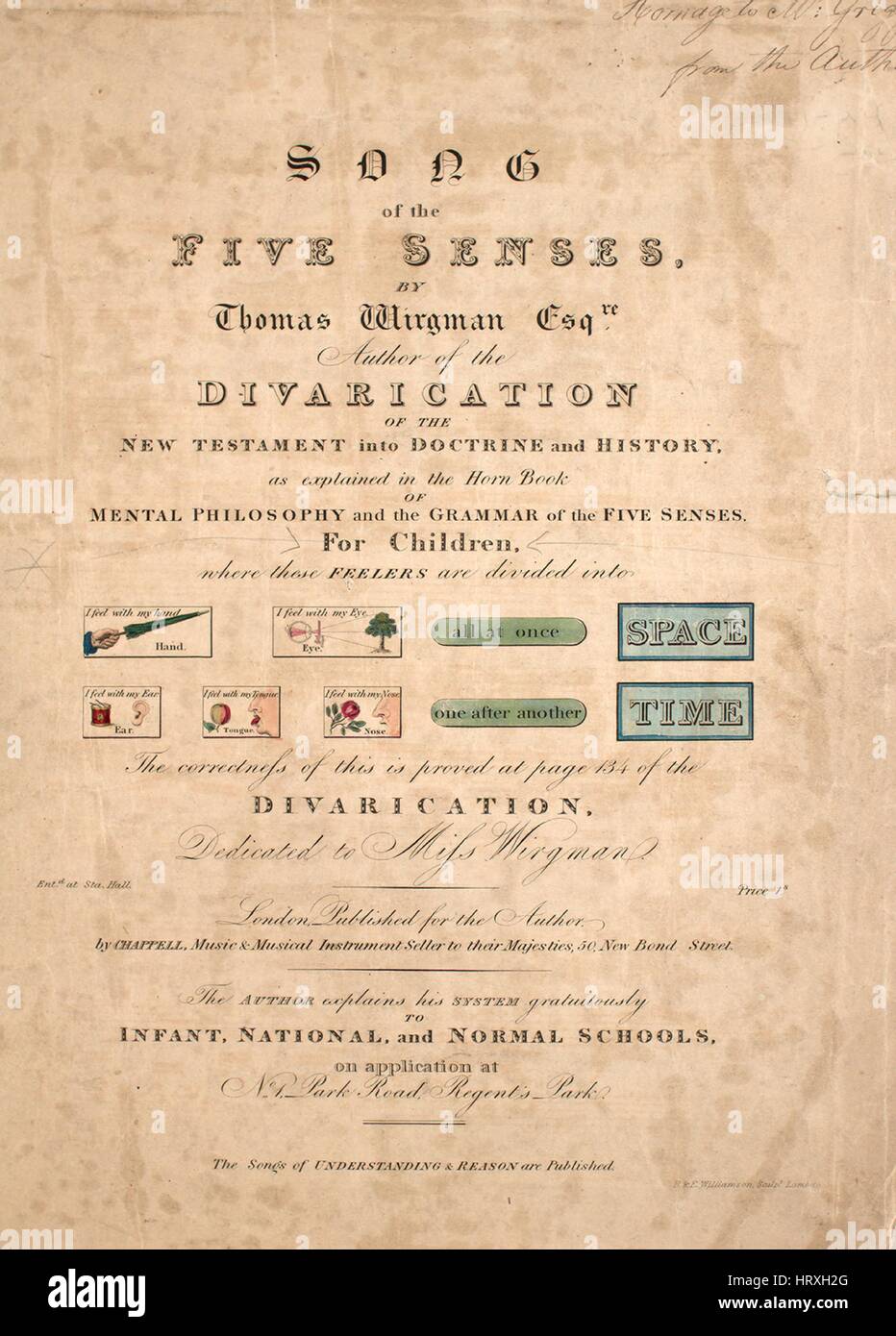 Foglio di musica immagine copertina della canzone 'Song dei cinque sensi", con paternitã originale lettura delle note " le parole di Thomas Wirgman, Esqre; la musica disposti da Wm Carnaby Mus Doc Cantab', Regno Unito, 1900. L'editore è elencato come 'Chappel, musica e strumenti musicali venditore alle loro maestà, 50, New Bond Street', la forma della composizione è 'strofico con astenersi', la strumentazione è 'voce e pianoforte", la prima riga indica 'come sicuri come Io sono vivo da qui, ho Senses', e l'illustrazione artista è elencato come 'R E E. Williamson, scolpire. Lambeln'. Foto Stock