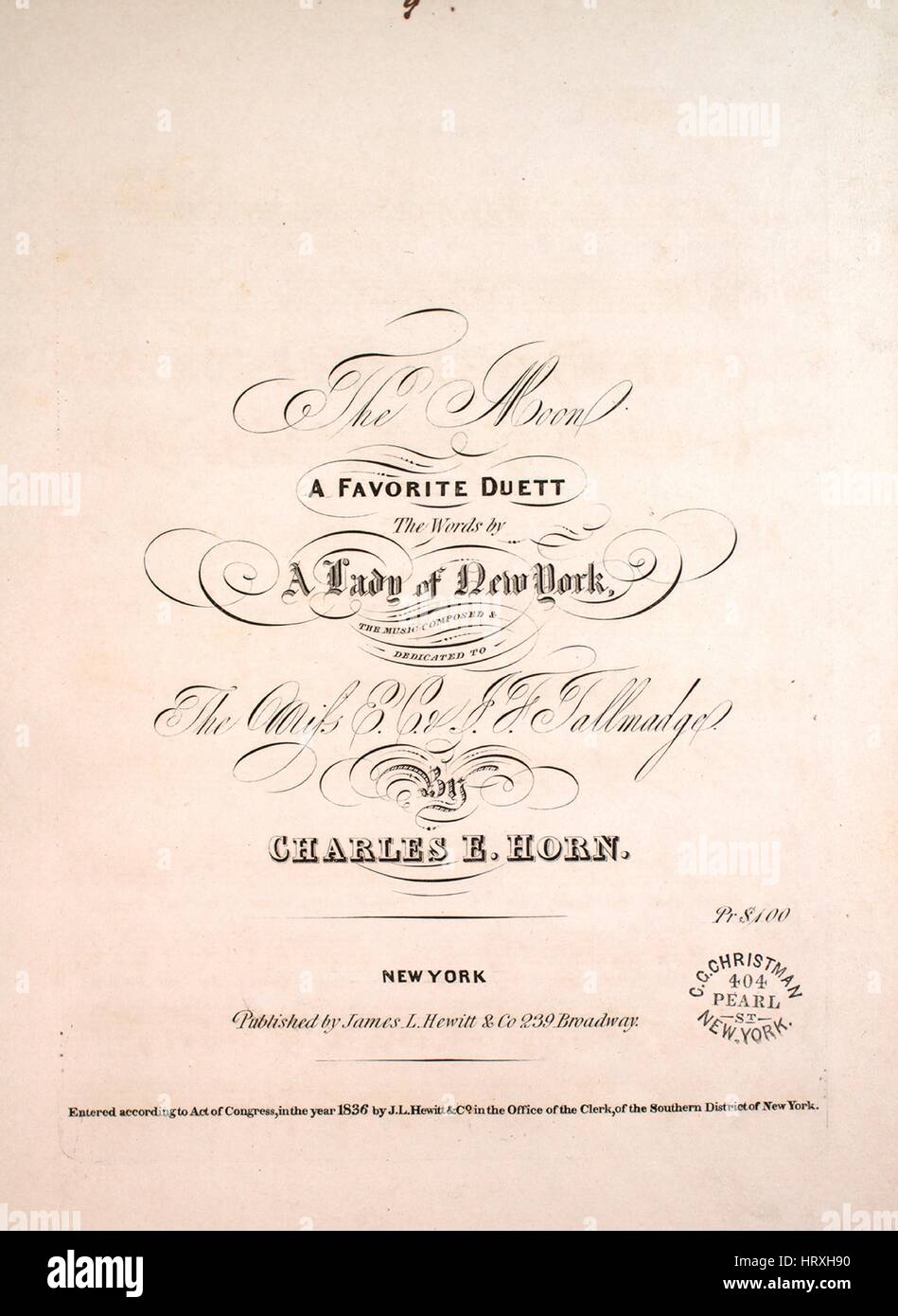 Foglio di musica immagine copertina della canzone "La Luna un Preferito Duett', con paternitã originale lettura delle note " le parole da una signora di New York la musica composta da Charles e il clacson", Stati Uniti, 1836. L'editore è elencato come 'James L. Hewitt e Co., 239 Broadway', la forma della composizione è 'sectional', la strumentazione è 'pianoforte e voce", la prima linea recita 'Hail beautious pianeta, beautious pianeta della notte, tre volte il benvenuto al mio desiderio di vista [sic]", e l'illustrazione artista è elencato come 'Nessuno'. Foto Stock
