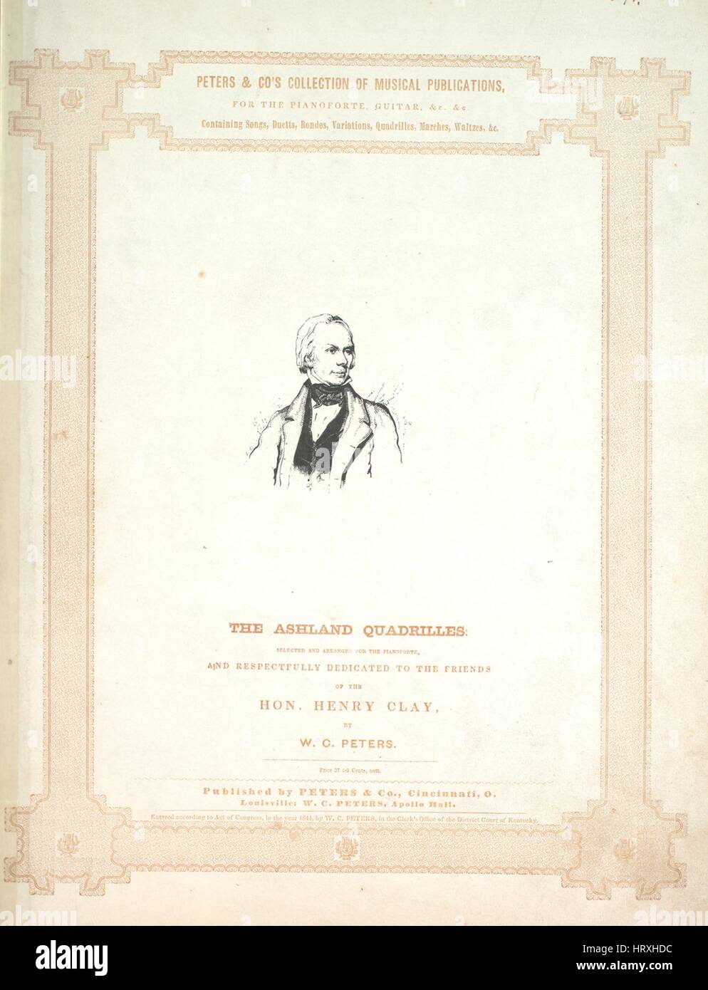 Foglio di musica immagine copertina della canzone "La Ashland è possibile vedere sfilare le quadriglie (MI) Il Mulino ragazzo; (ii) l'agricoltore; (iii) il Senatore; (iv) Il Patriota; (V) il Kentucky Gentleman', con paternitã originale lettura delle note "eletti e disposte per il Piano Forte da WC Peters", 1844. L'editore è elencato come 'Peters e Co.', la forma della composizione è "tutto da capo', la strumentazione è 'piano', la prima riga indica 'Nessuno', e l'illustrazione artista è elencato come "J. Slinglandt Engvr.". Foto Stock