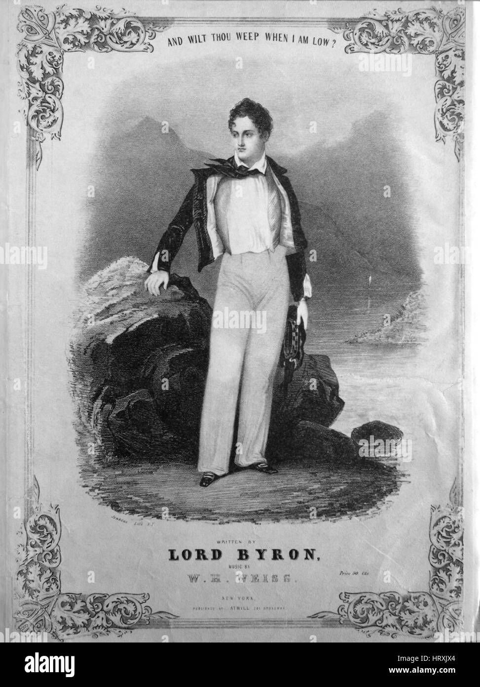 Foglio di musica immagine copertina della canzone 'e farai piangere quando sto basso?', con paternitã originale lettura delle note " le parole scritte da Lord Byron la musica composta da Wm H Weiss", Stati Uniti, 1841. L'editore è elencato come 'Atwill, 201 Broadway', la forma della composizione è 'strofico', la strumentazione è 'pianoforte e voce", la prima riga indica 'e farai piangere quando sto basso? Dolce signora! Parlare di quelle parole ancora", e l'illustrazione artista è elencato come 'Jenkins Lith. N.Y.; E. Brown Jr. Del.'. Foto Stock