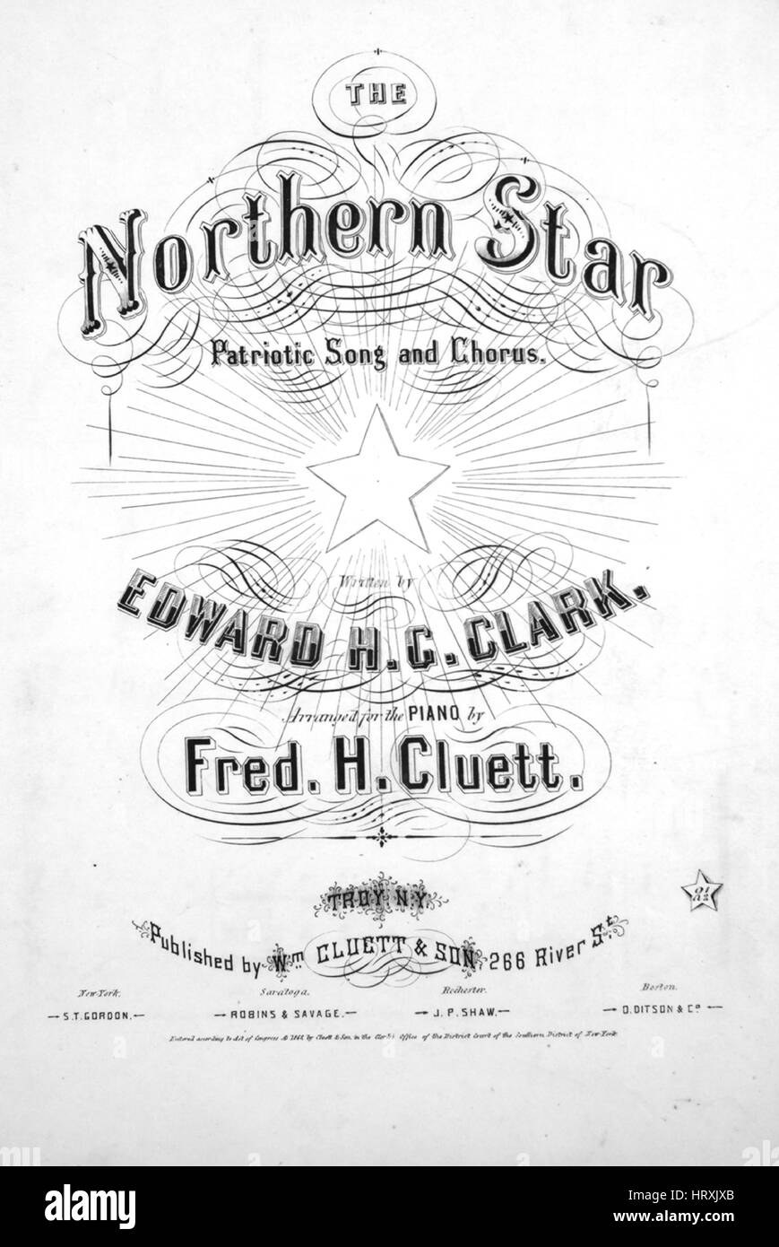 Foglio di musica immagine copertina della canzone "La stella del nord canzone patriottica e Chorus', con paternitã originale lettura delle note " scritto da Edward Hc Clark disposti per pianoforte, da Fred H Cluett', 1862. L'editore è elencato come 'Wm. Cluett e figlio, 266 River Street', la forma della composizione è 'strofico con chorus', la strumentazione è 'pianoforte e voce", la prima linea recita "Oh! Siamo una banda di fratelli, schierati in corrispondenza di libertà di chiamata", e l'illustrazione artista è elencato come 'Nessuno'. Foto Stock