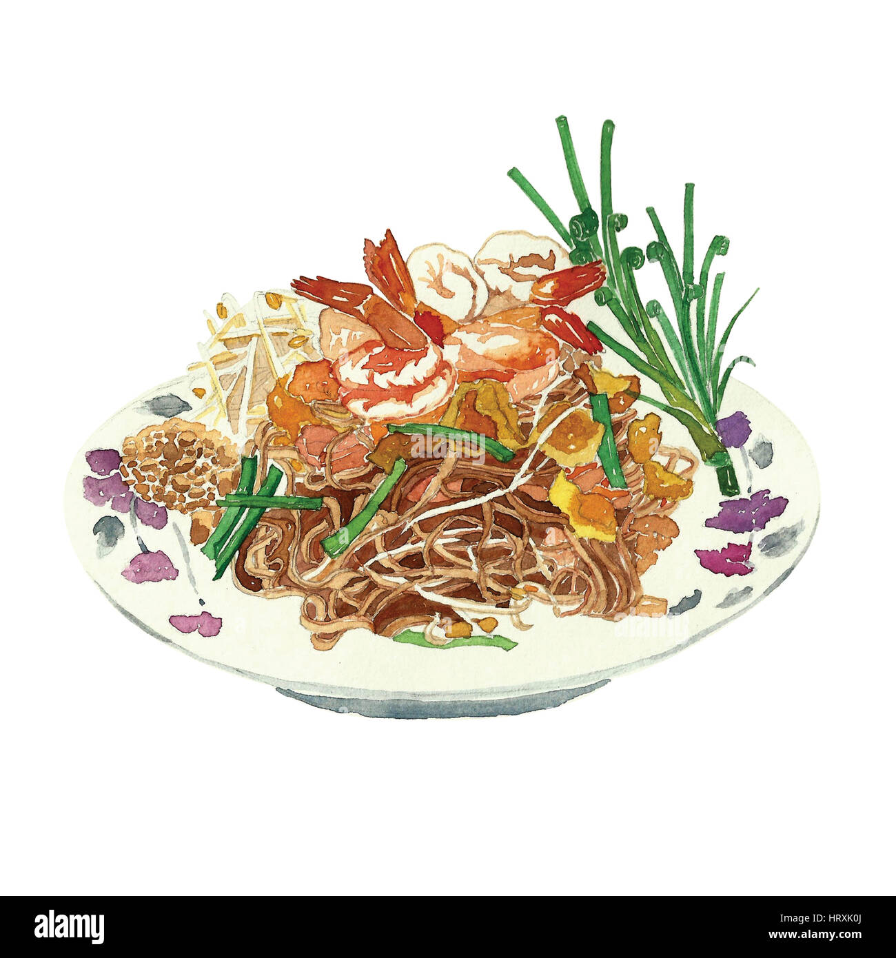 Thai noodles fritti. Acquarello dipinto a mano. Create senza immagine di riferimento Foto Stock