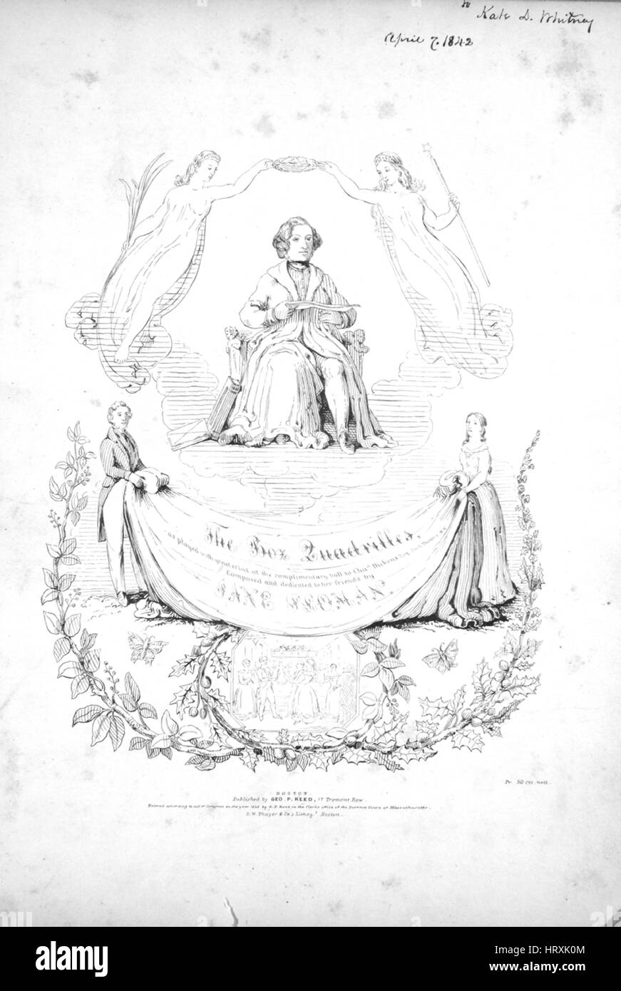 Foglio di musica immagine copertina della canzone "La casella è possibile vedere sfilare le quadriglie (1) Pickwick; (2) Oliver Twist; (3) Nicholas Nickleby; (4) Barnaby Rudge; (5) Finale Master Humphrey's clock', con paternitã originale lettura delle note "composto da Jane Ploman', Stati Uniti, 1842. L'editore è elencato come 'Geo. P. Reed, 17 Tremont Row', la forma della composizione è 'cinque da capo dei movimenti, la strumentazione è 'piano', la prima riga indica 'Nessuno', e l'illustrazione artista è elencato come 'B.W. Thayer and Co's Lithogy. Boston; A.F. Winnemore, incisore.". Foto Stock