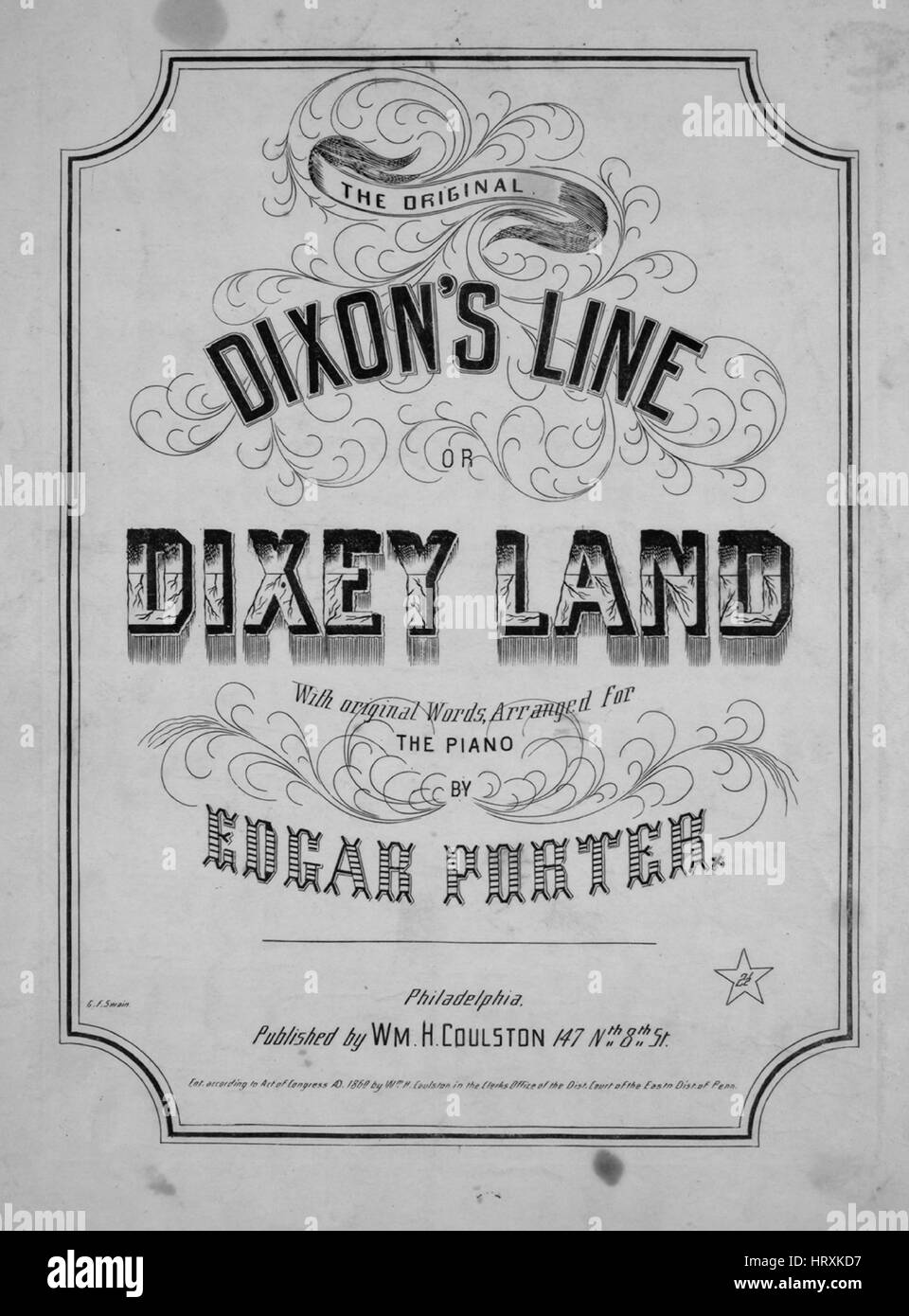 Foglio di musica immagine di copertina del brano "l'originale Dixon la linea o, Dixey terra', con paternitã originale lettura delle note "Con parole originali, disposti per pianoforte da Edgar Porter', Stati Uniti, 1860. L'editore è elencato come 'Wm. H. Coulston, 147 Nth 8 San', la forma della composizione è 'strofico con chorus', la strumentazione è 'pianoforte e voce", la prima linea di legge ''verso il sud in de campi ob cotone, seme di cannella e fondo sabbioso, guardare lontano", e l'illustrazione artista è elencato come 'G.F. Swain.". Foto Stock