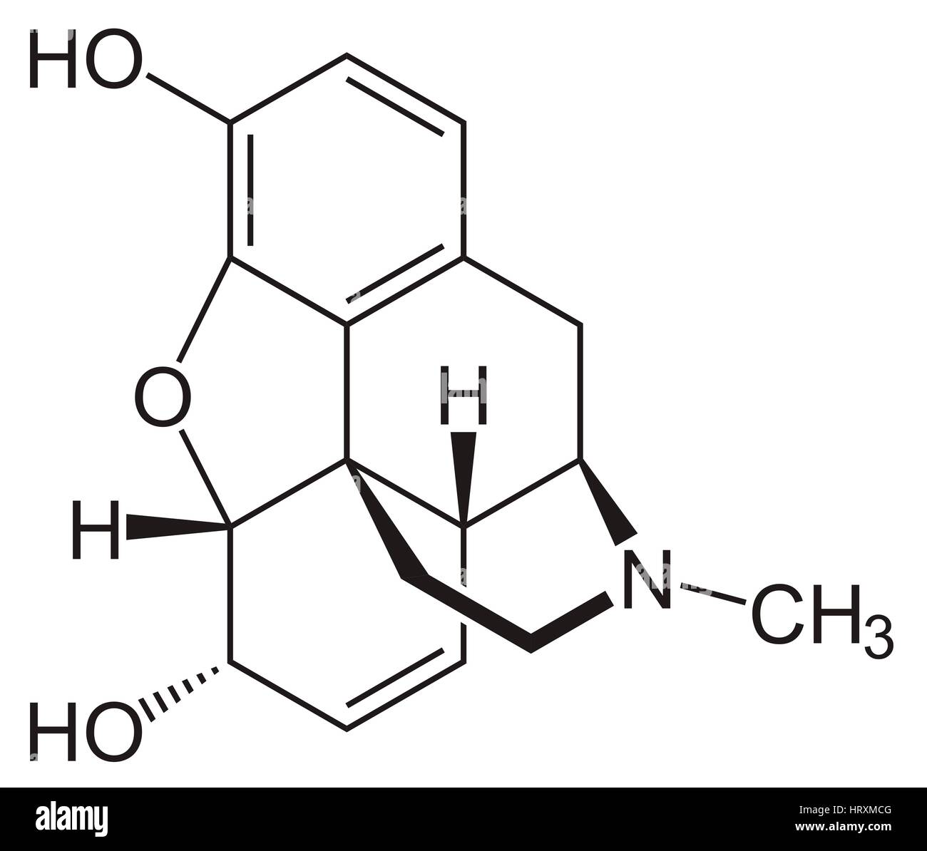La morfina. Formula dello scheletro della morfina (C17.H19.N.O3), un analgesico copiato farmaco usato per alleviare il dolore grave. Foto Stock