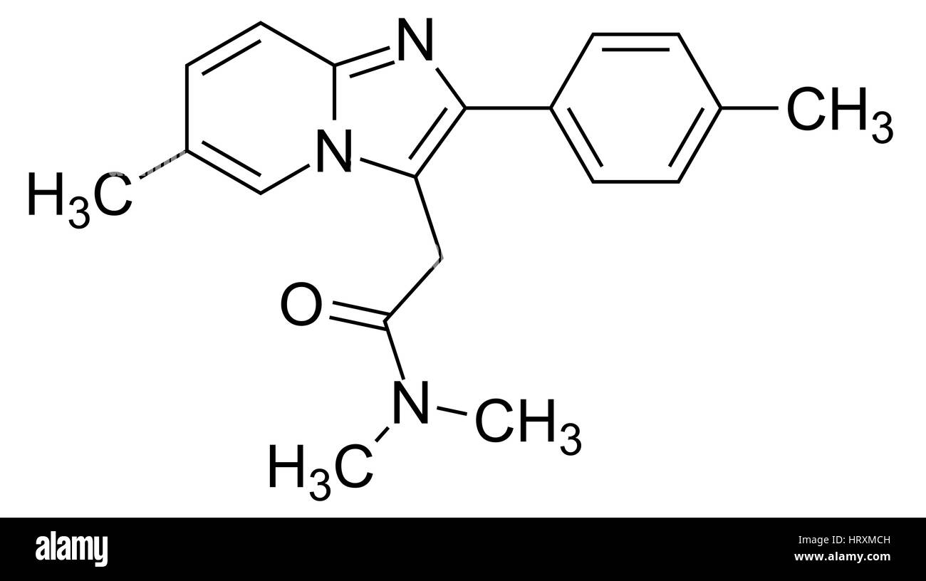 Lo zolpidem. Formula dello scheletro del farmaco Zolpidem (C19.H21.N3.O), una breve durata di azione non-benzodiazepina ipnotico usato per il trattamento di insonnia. Foto Stock
