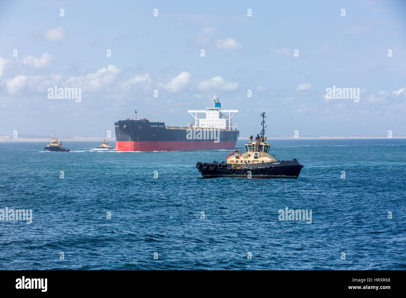 Portarinfuse nave blu Zamba essendo guidato da rimorchiatori nel porto di Newcastle nel Nuovo Galles del Sud, Australia Foto Stock