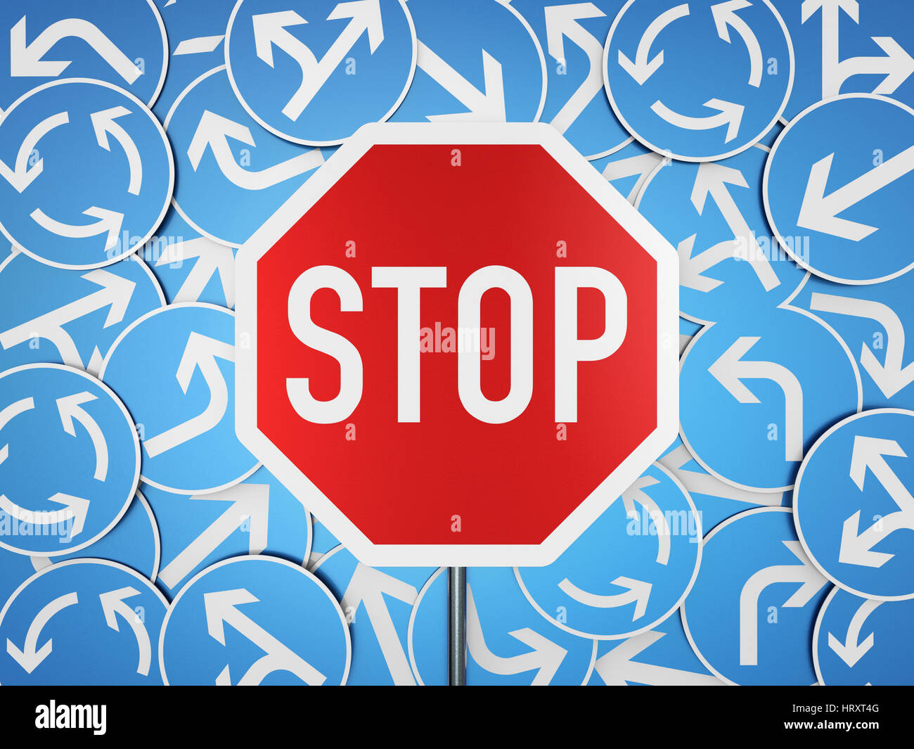 Stop rosso con frecce di direzione in background il rendering 3D Foto Stock