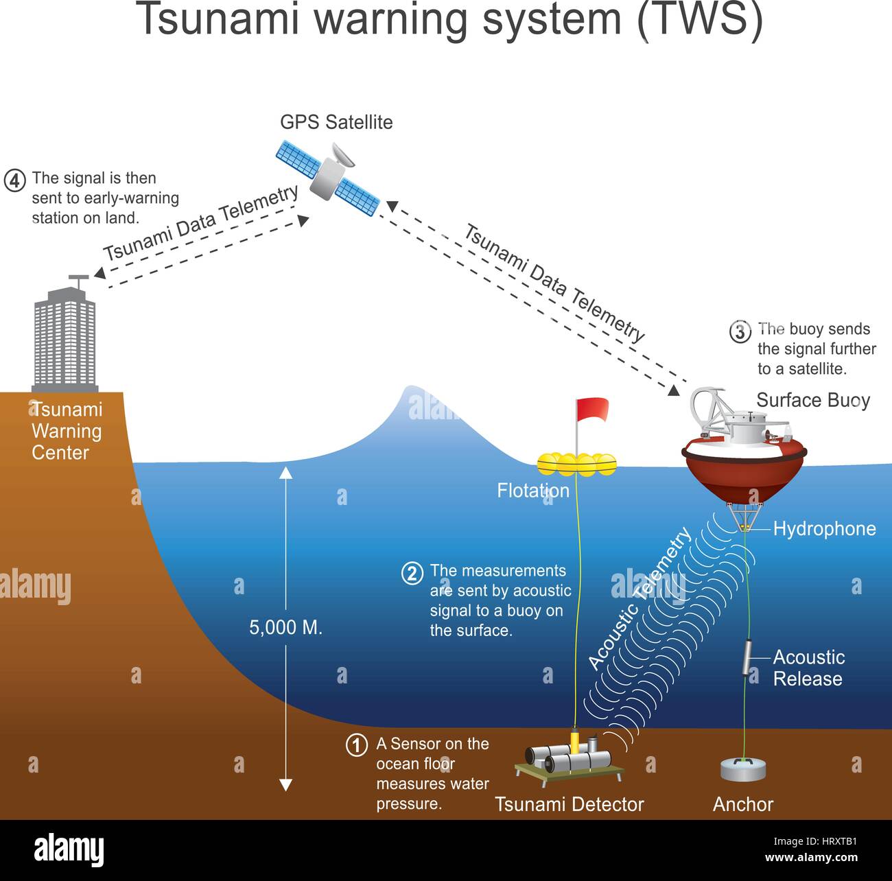 Un sistema di allarme per lo tsunami (TWS) è utilizzato per rilevare gli tsunami in anticipo e rilascia avvisi per evitare la perdita di vite umane e i danni. Essa è composta di due uguali Illustrazione Vettoriale