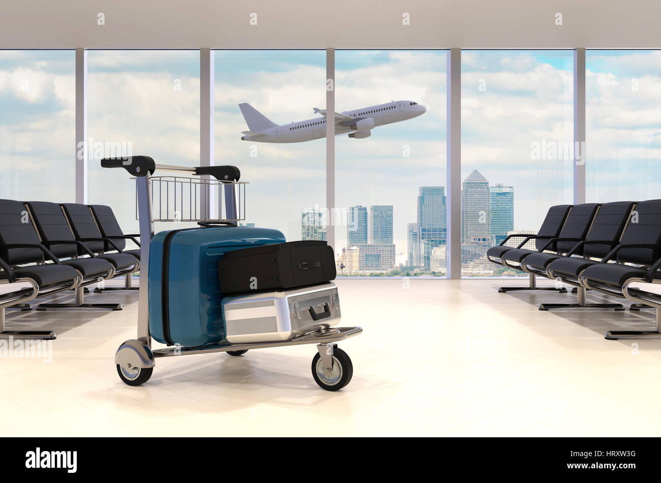 Aeroporto di sala di attesa con aereo e bagagli, rendering 3D Foto Stock