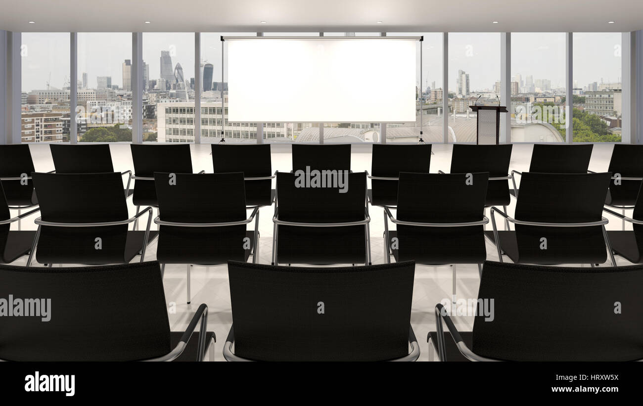 Svuotare una sala conferenza con podio e schermate di presentazione del rendering 3D Foto Stock