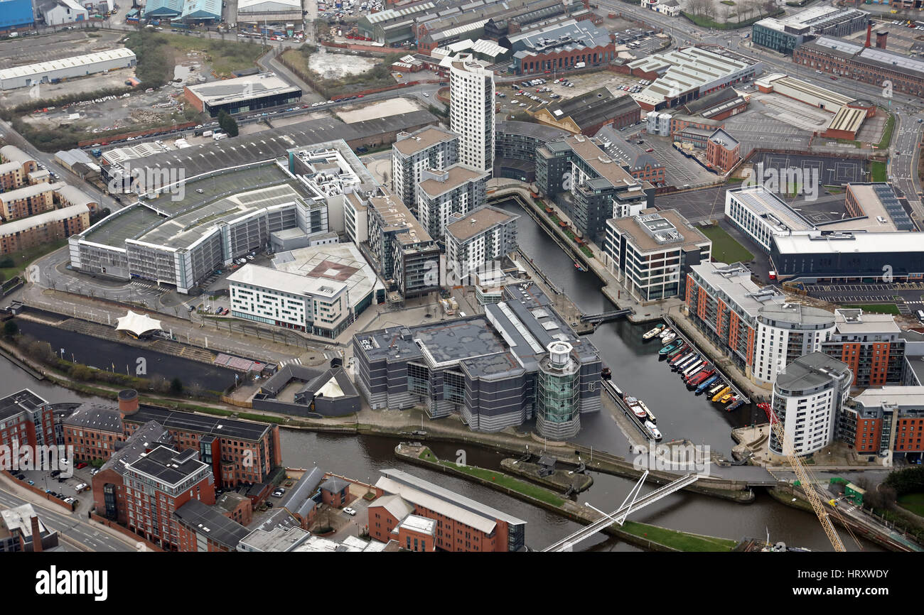 Vista aerea della Royal Armouries, Clarence Dock, Leeds, nello Yorkshire, Regno Unito Foto Stock