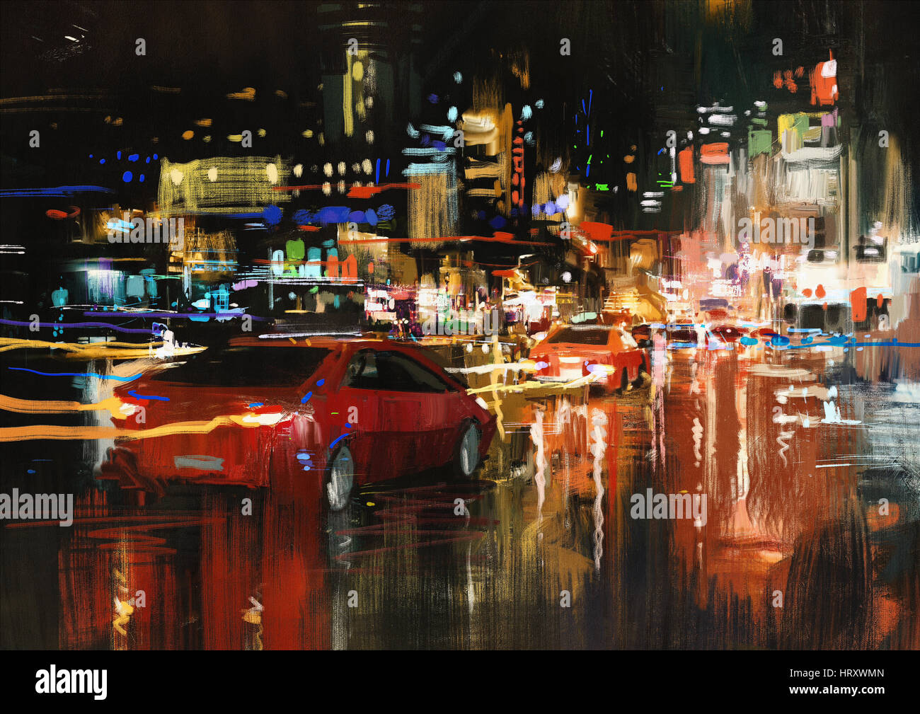 La pittura digitale di strada di città di notte con luci colorate. Foto Stock