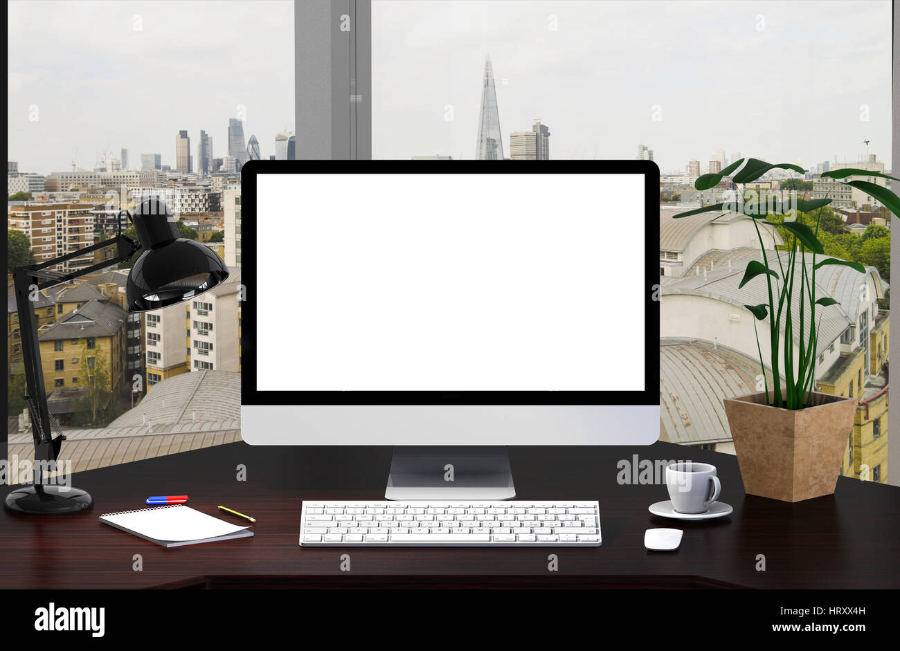 Schermata vuota sul computer desktop con vista città 3D rendering Foto Stock