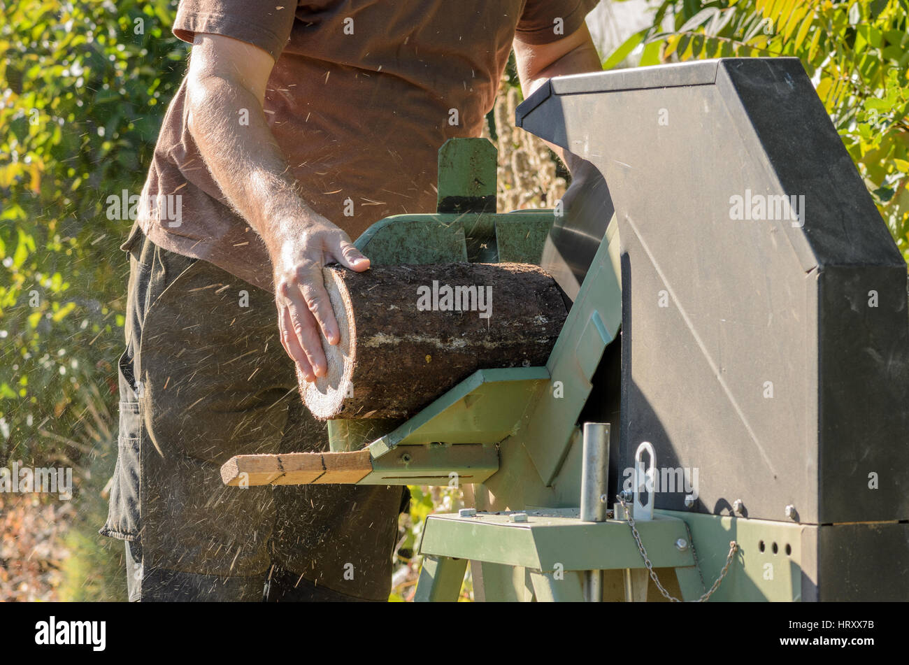 L uomo è utilizzando una sega elettrica per il taglio di legna da ardere  Foto stock - Alamy