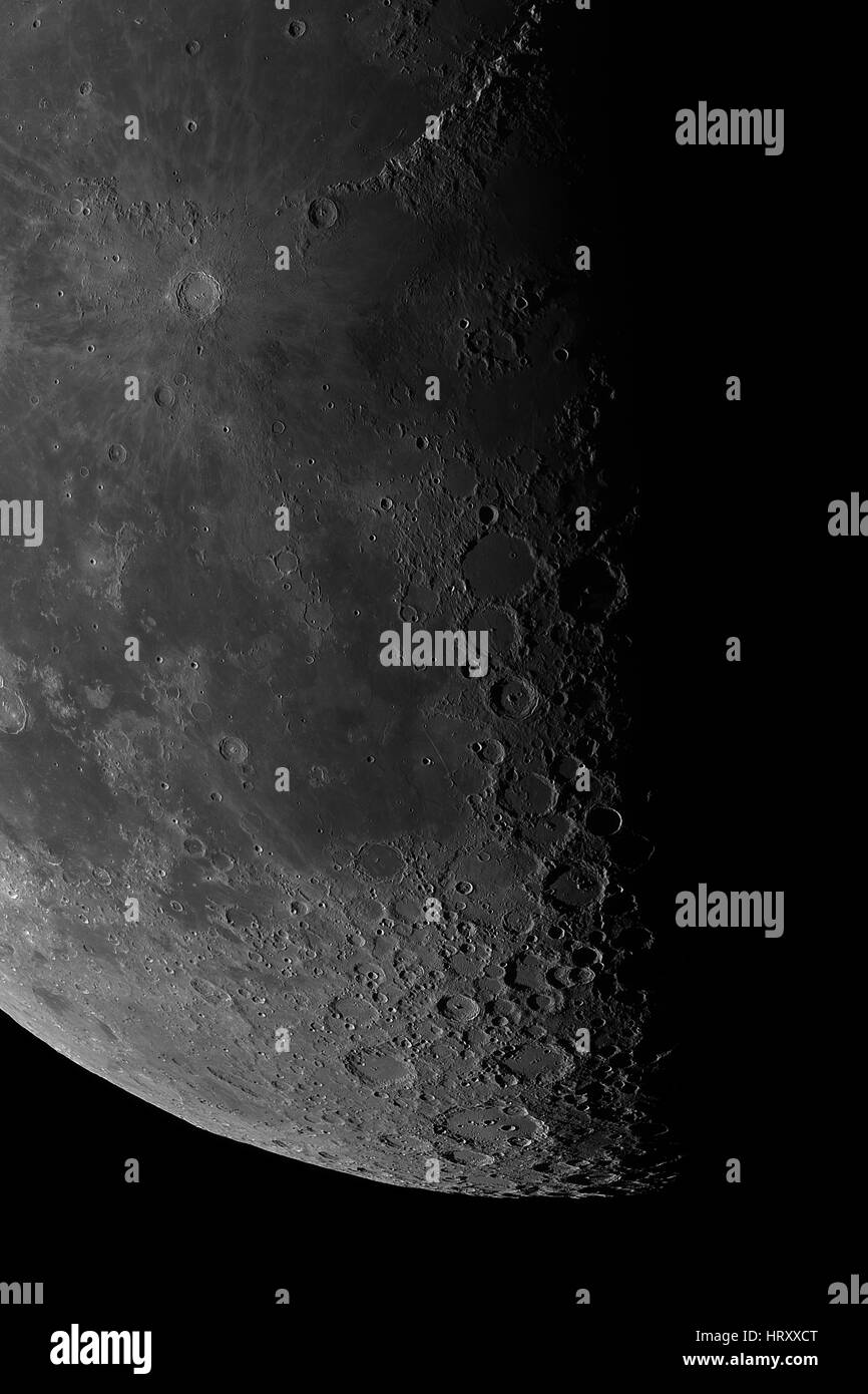 Close-up della luna. Oggetti principali e le aree: Copernicus, Eratostene, Reinhold, Lansberg, Euclides, Fra Mauro formazione, Mare Cognitum, Mare Nubium, Foto Stock