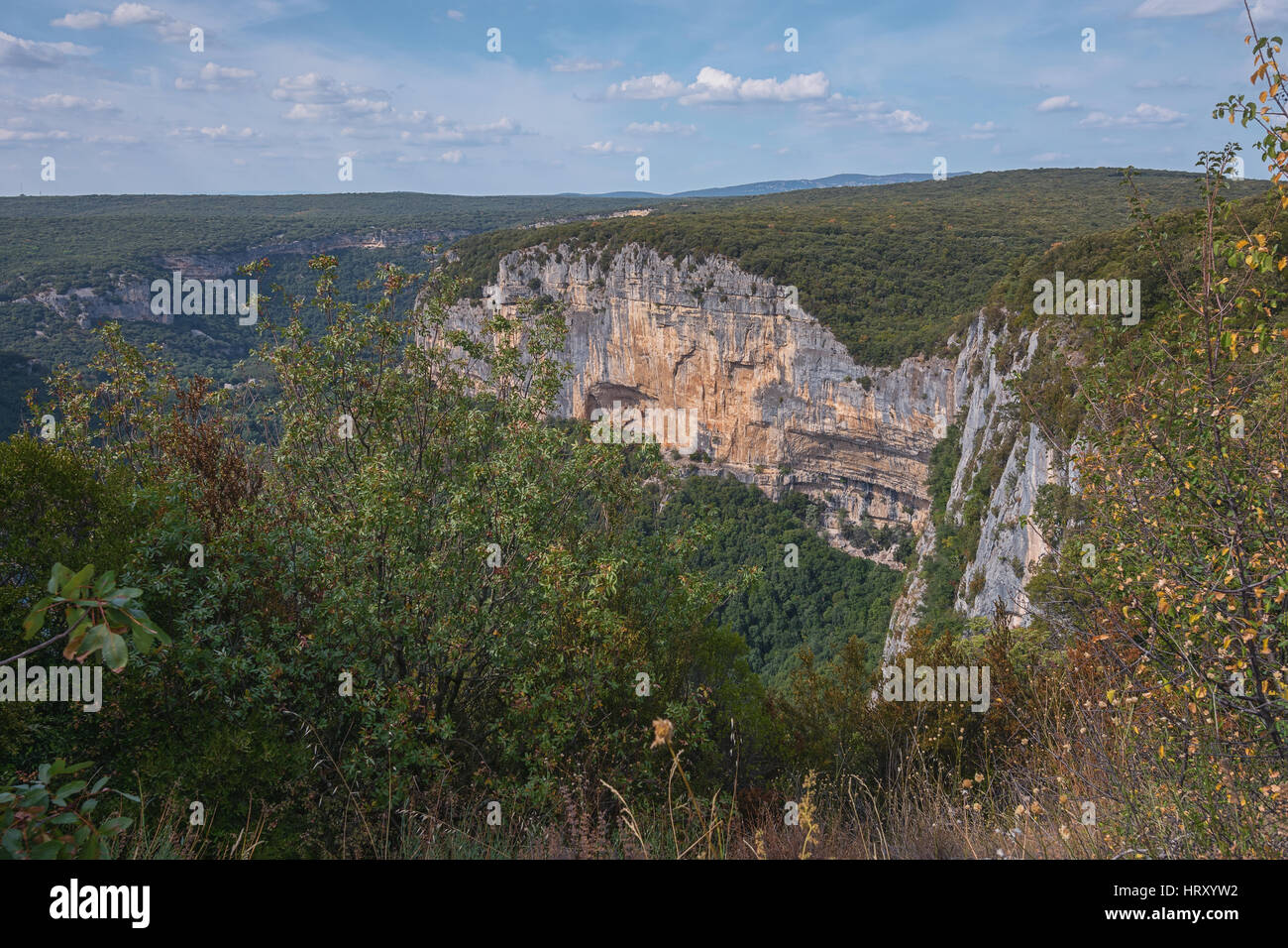 La Gorges de Ardeche si compone di una serie di gole del fiume Ardeche, formando una trentina di chilometri canyon. Foto Stock