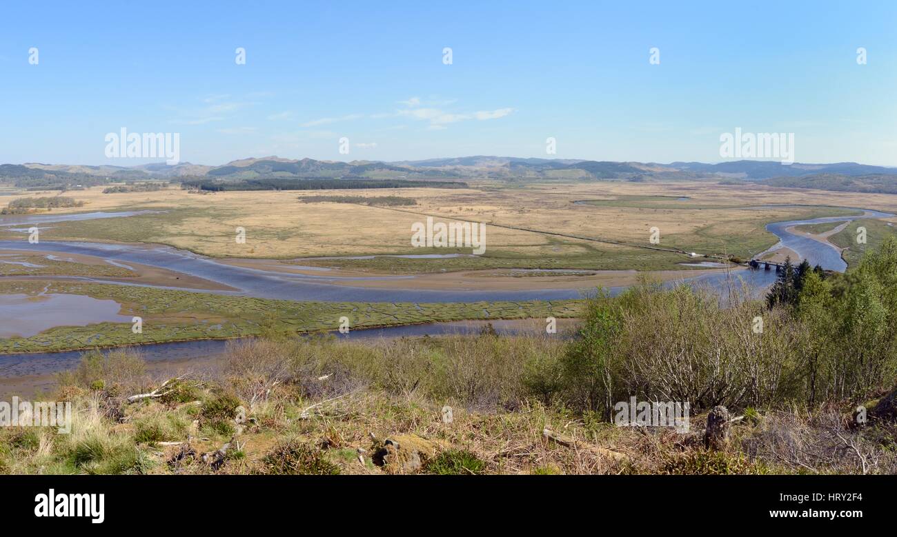 Panoramica di aggiungere estuario del fiume e le Moine Mhor riserva naturale nazionale, Argyll, Scotland, Regno Unito, maggio 2016. Foto Stock