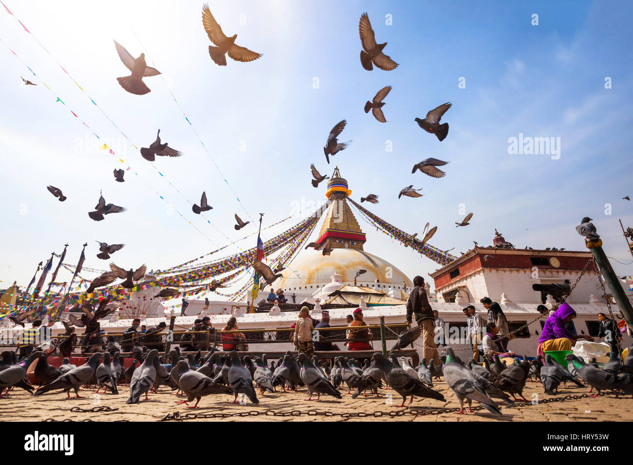 Kathmandu, Nepal - febbraio 25, 2014: uccelli in volo e le preghiere di persone a piedi attorno a boudhanath stupa in bella giornata di sole, pietra miliare buddista Foto Stock