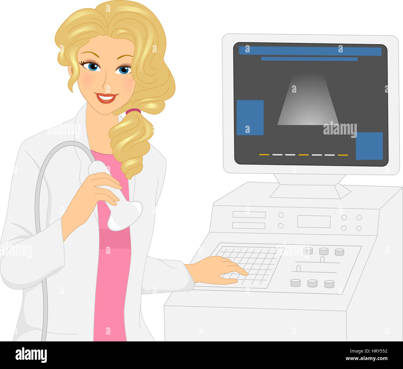 Illustrazione di una ragazza con una sonda di trasduttore di una macchina ad ultrasuoni Foto Stock