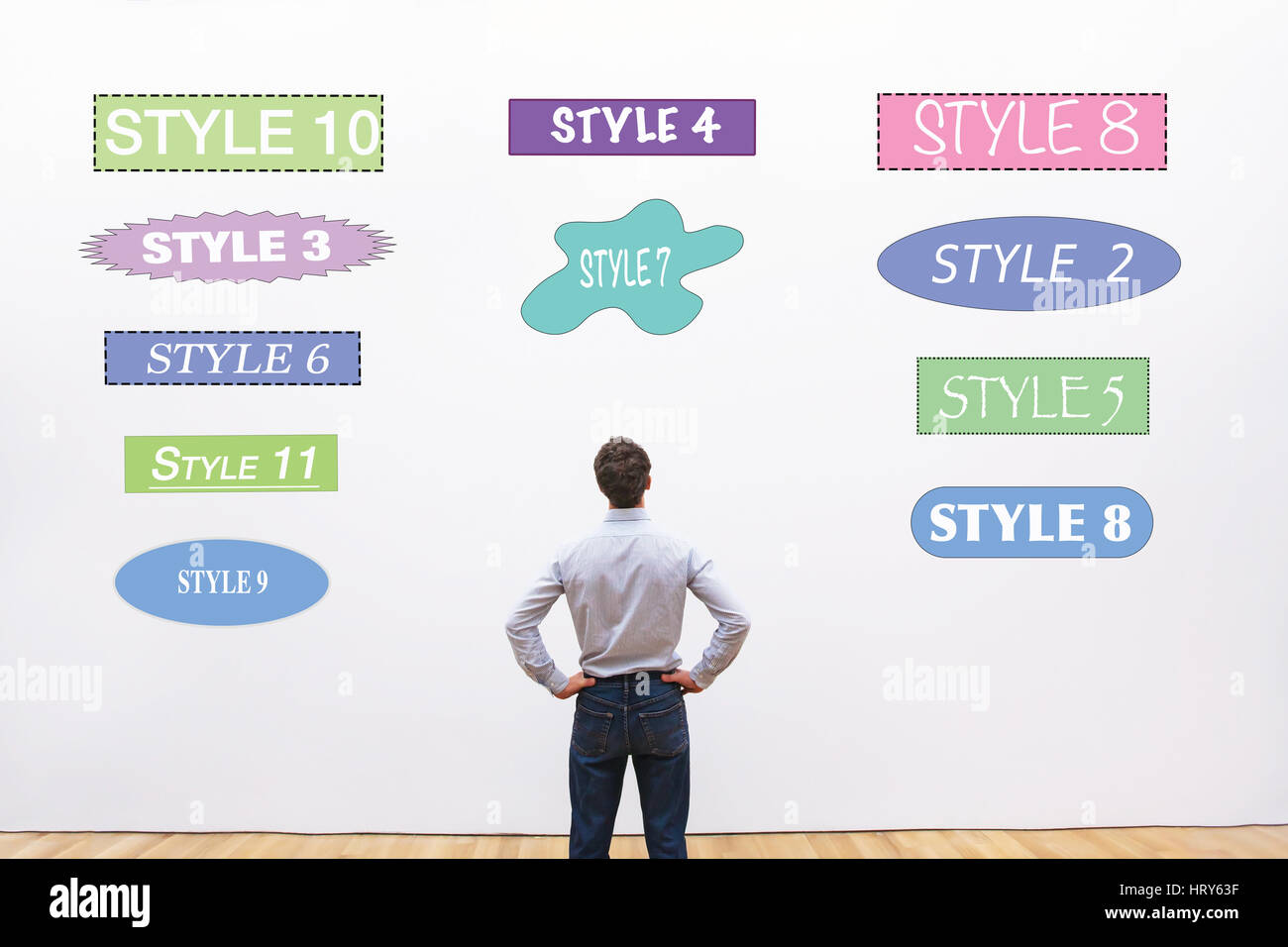 Designer scelta di stile, font, forme e colori per la progettazione Foto Stock