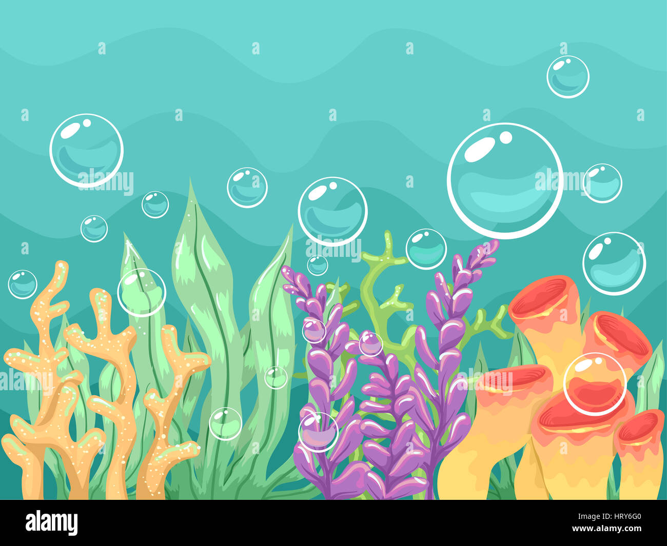 Illustrazione colorata di differenti tipi di coralli e alghe marine Foto Stock