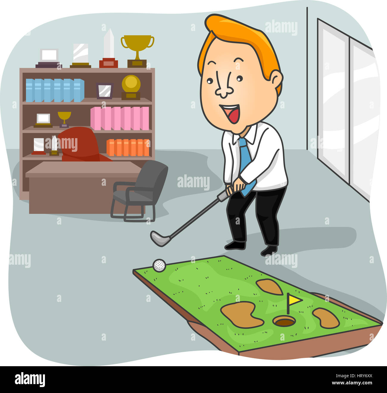 Illustrazione di un uomo che gioca con un campo da golf in miniatura nel suo ufficio Foto Stock