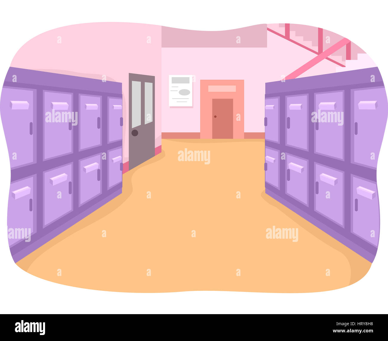 Illustrazione di una scuola di vuoto corridoio dipinte in colori vivaci Foto Stock