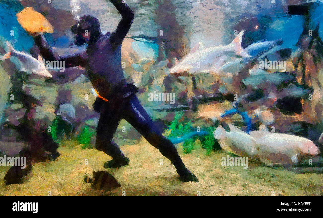 Pulizia della Ocean acquario a Shanghai in Cina Foto Stock