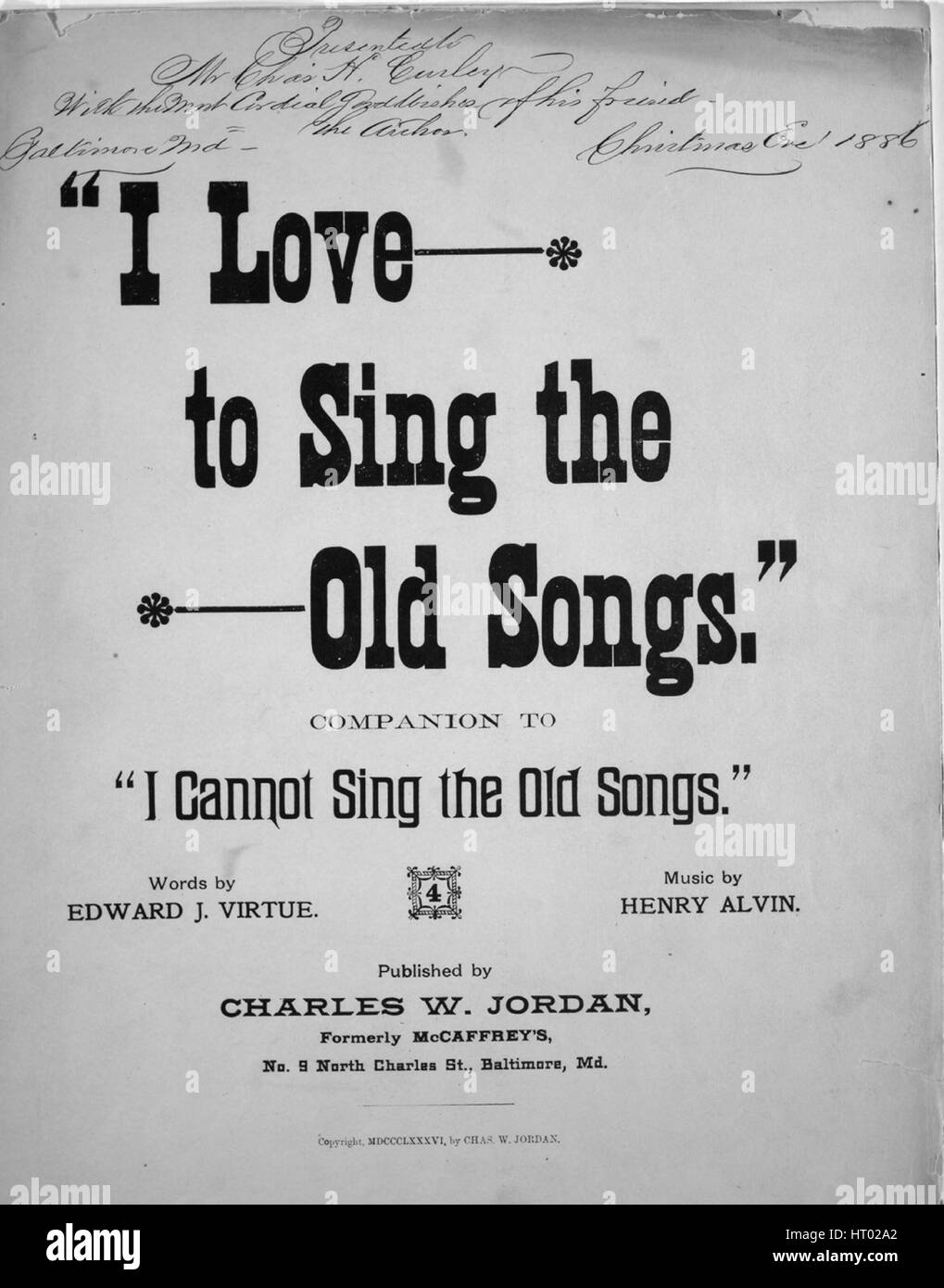 Spartiti immagine di copertina della canzone ''i Love to Sing the Old  Songs' Companion to 'i Cannot Sing the Old Songs'', con note di autore  originali che leggono 'Words by Edward J