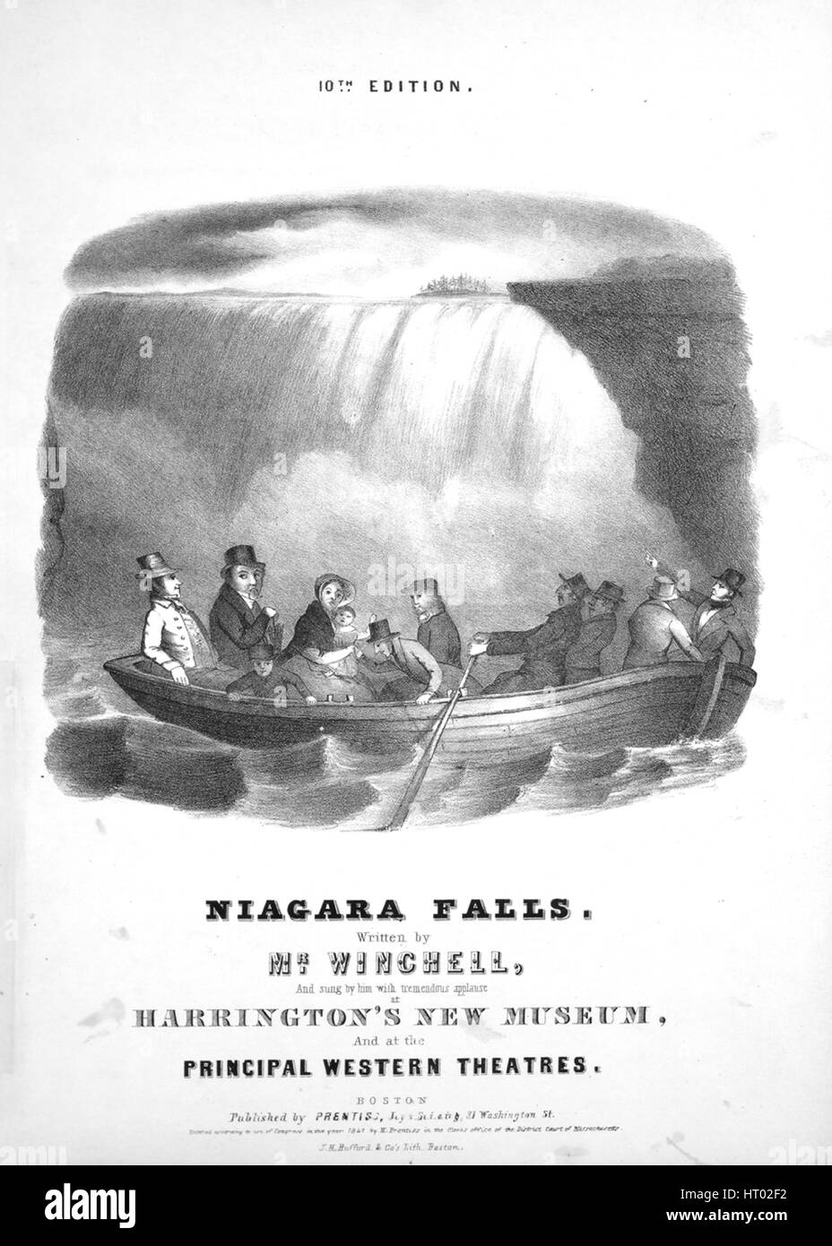 Foglio di musica immagine copertina della canzone "Niagara Falls decima edizione', con paternitã originale lettura delle note " scritto da Mr Winchell', Stati Uniti, 1841. L'editore è elencato come 'Henry Prentiss, 31 Washington St.', la forma della composizione è 'strofico con chorus', la strumentazione è 'pianoforte e voce", la prima linea di legge "da Buffalo il mio lavoro fatto per curiosità e divertimento", e l'illustrazione artista è elencato come 'J.H. Bufford e Co. La Lith. Boston'. Foto Stock