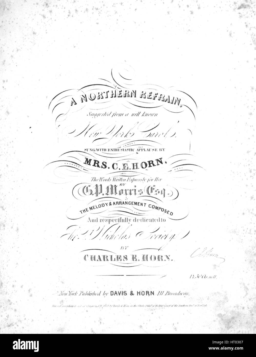 Foglio di musica immagine copertina della canzone 'A nord di astenersi, suggerito da un ben noto di New York Carol', con paternitã originale lettura delle note " le parole scritte dal GP Morris, Esq la melodia e disposizione composto da Charles e il clacson", Stati Uniti, 1838. L'editore è elencato come 'DAVIS e il clacson, 411 Broadway', la forma della composizione è 'strofico con chorus', la strumentazione è 'pianoforte e voce", la prima riga indica 'Attraverso le strade di New York City, allegramente ogni mattino', e l'illustrazione artista è elencato come 'Samuel Ackerman, Engr. e Pr.". Foto Stock