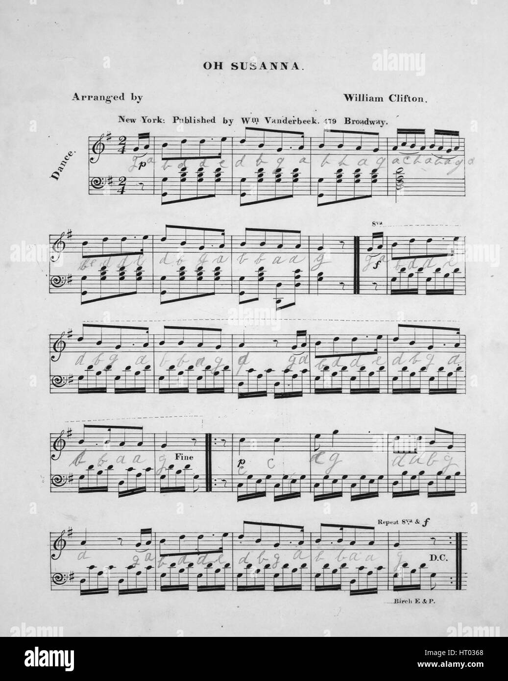 Foglio di musica immagine copertina della canzone "Oh Susanna', con paternitã originale lettura delle note "disposti da William Clifton', Stati Uniti, 1900. L'editore è elencato come 'Wm. Vanderbeek, 479 Broadway', la forma della composizione è 'a capo', la strumentazione è 'piano', la prima riga indica 'Nessuno', e l'illustrazione artista è elencato come "Birch E e P'. Foto Stock