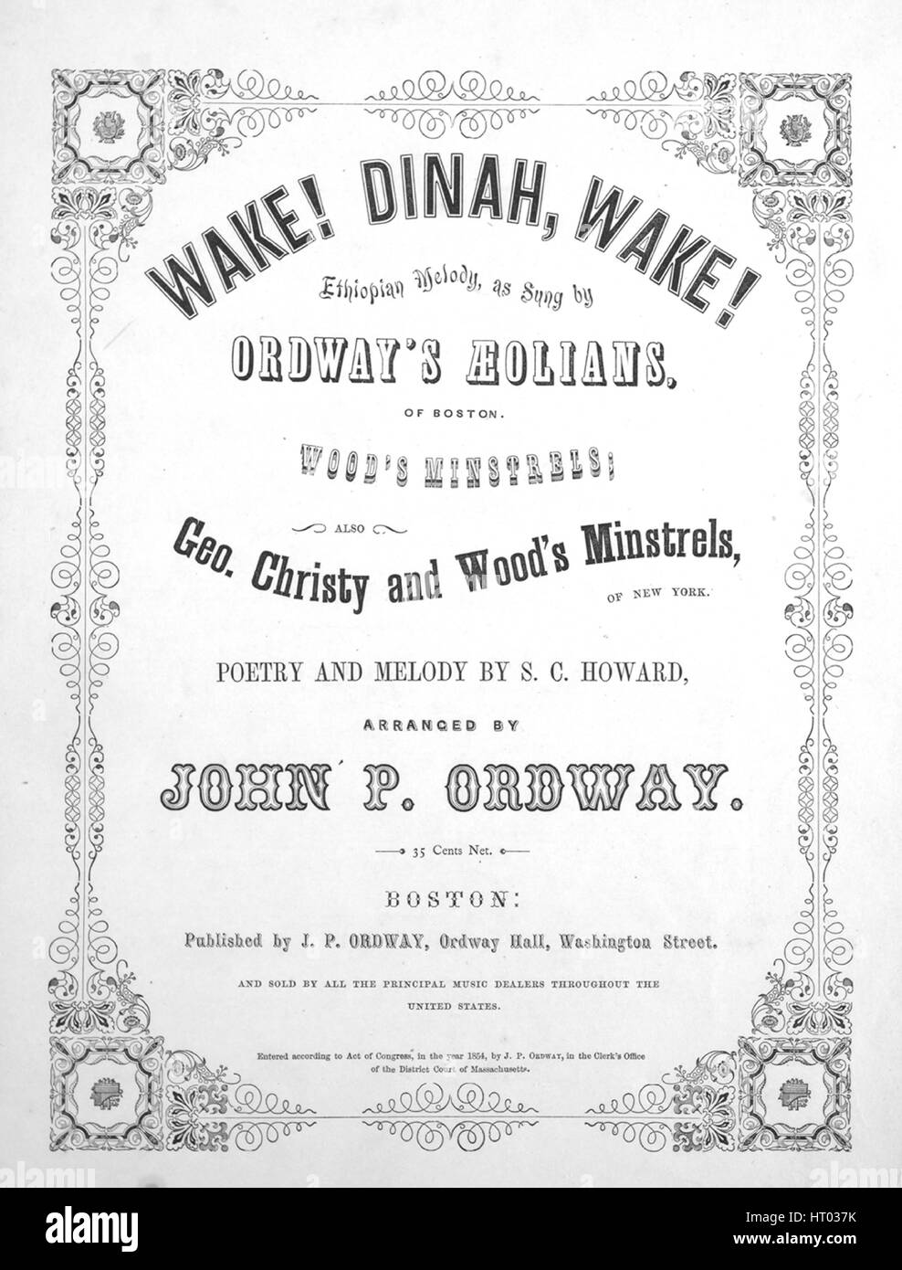 Foglio di musica immagine copertina della canzone 'Wake! Dina, svegliatevi! Melodia etiope', con paternitã originale lettura delle note "la poesia e la melodia da SC Howard disposti da John Ordway P', Stati Uniti, 1854. L'editore è elencato come 'J.P. Ordway, Ordway Hall, Washington St.', la forma della composizione è 'strofico con chorus', la strumentazione è 'pianoforte e voce", la prima linea recita "Wake! Dina, svegliatevi! Il chiaro di luna è la trasmissione via IR O'er il prato', e l'illustrazione artista è elencato come 'Nessuno'. Foto Stock