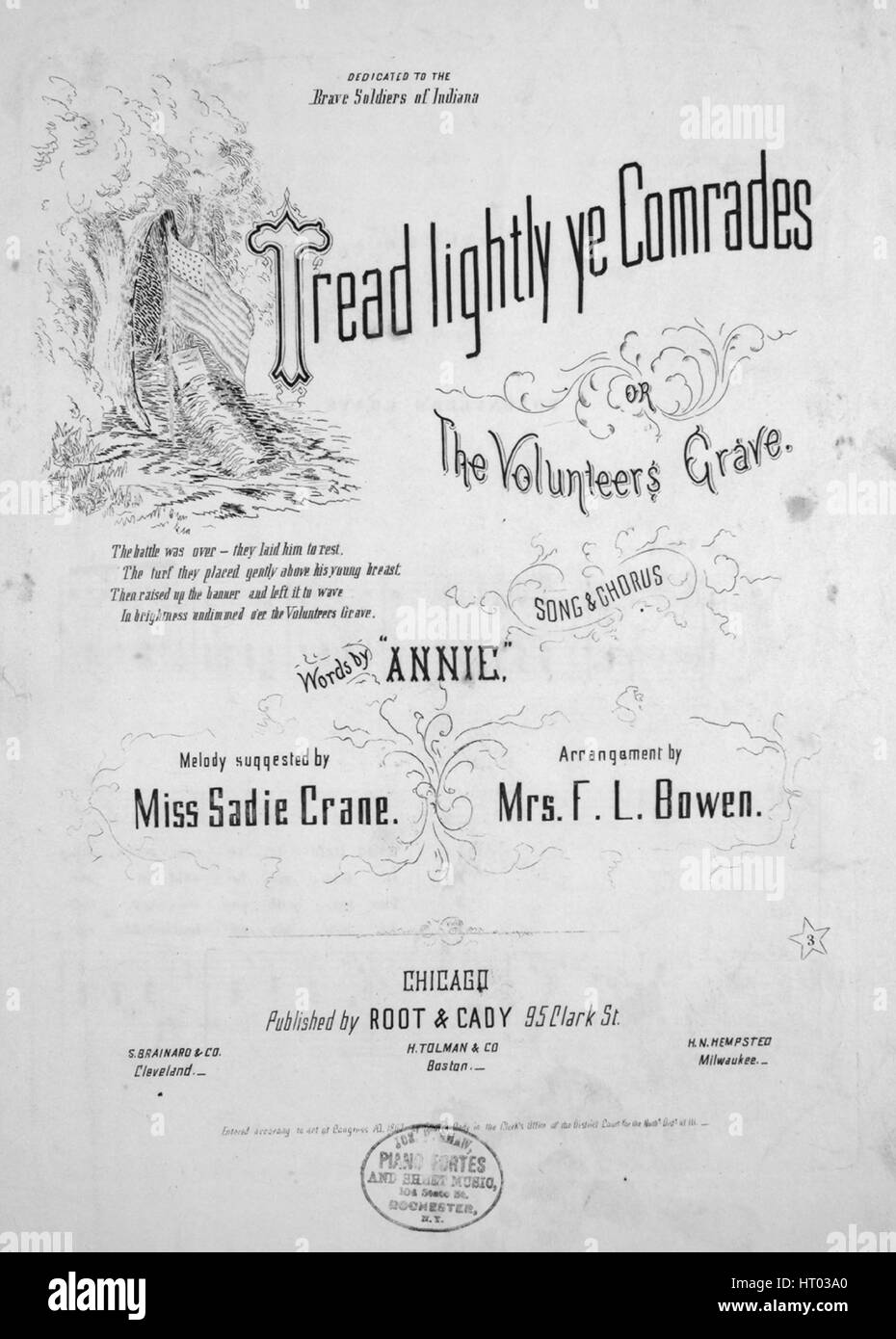 Foglio di musica immagine copertina della canzone "battistrada Lighty voi compagni o i Volontari Grave Song e coro", con paternitã originale lettura note 'Melody suggerito da Miss Sadie disposizione gru dalla onorevole FL' Bowen, Stati Uniti, 1863. L'editore è elencato come 'root e cady, 95 Clark Sant', la forma della composizione è 'strofico con chorus', la strumentazione è 'pianoforte e voce", la prima linea recita "battistrada leggermente, voi compagni, la sua tomba lone un tondo", e l'illustrazione artista è elencato come 'Nessuno'. Foto Stock