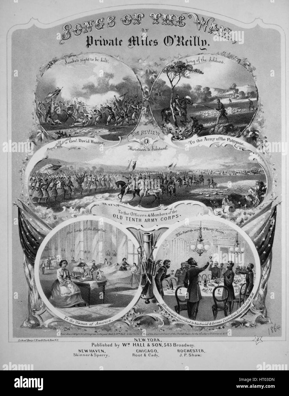Foglio di musica immagine copertina della canzone "ATTAC della guerra la canzone del soldato, con paternitã originale lettura delle note " Scritto da Private Miles O'Reilly composta da Chas Van Oeckelen', Stati Uniti, 1864. L'editore è elencato come 'Wm. Hall e figlio, 543 Broadway', la forma della composizione è 'strofico', la strumentazione è 'pianoforte e voce", la prima riga indica 'compagni noto nelle marche molti compagni hanno cercato in molti pericoli", e l'illustrazione artista è elencato come "lith. di Henry C. ENO 37 Park Row N.Y.". Foto Stock
