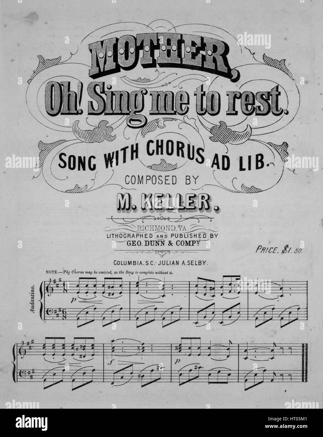 Foglio di musica immagine copertina della canzone "altri, Oh! Mi cantare al resto', con paternitã originale note "lettura composta da M Keller", 1900. L'editore è elencato come 'litografato e pubblicato da Geo. Dunn e conformarsi.', la forma della composizione è 'strofico con chorus', la strumentazione è 'pianoforte e voce", la prima linea recita "altri! Oh! Mi cantare a riposo, come nei miei giorni luminosi defunti', e l'illustrazione artista è elencato come 'Nessuno'. Foto Stock