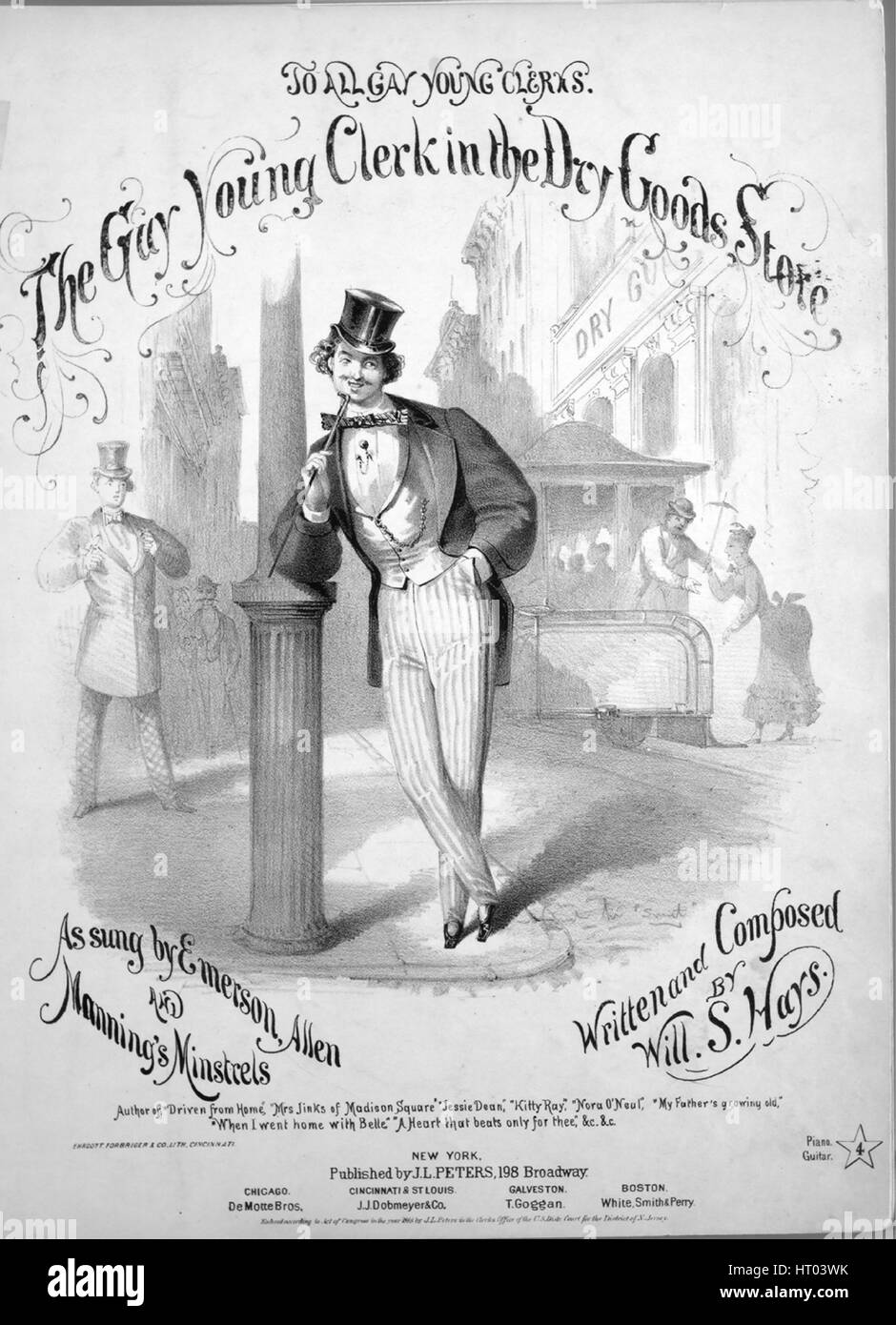 Foglio di musica immagine copertina della canzone "Il giovane gay commesso nelle merci secche Comic Store Song con Chorus', con paternitã originale lettura delle note " scritto e composto da saranno S Hays", Stati Uniti, 1868. L'editore è elencato come 'J.L. Peters, 198 Broadway', la forma della composizione è 'strofico con chorus', la strumentazione è 'pianoforte e voce", la prima linea recita "o ascoltare ora e ho intenzione di cantare una canzone come stai ladies, Howdy', e l'illustrazione artista è elencato come 'Ehrgott, Forbriger e Co. Lith. Cincinnati'. Foto Stock