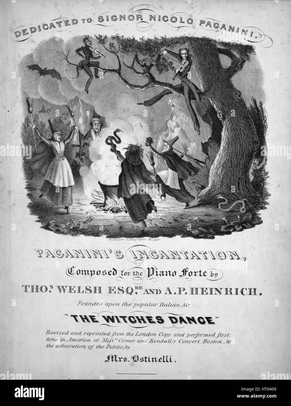 Spartiti copertina della canzone 'Incantazione di Paganini', con note di paternità originali recensite 'composta per il piano forte da Thos Welsh, Esq e AP Heinrich fondata sulla popolare aria italiana 'la danza delle streghe', Stati Uniti, 1900. L'editore è elencato come 'C. Bradlee, 164 Washington Street, la forma della composizione è 'rondo', la strumentazione è 'piano', la prima riga è 'Nessuno', e l'artista dell'illustrazione è elencato come 'litografia di Pendleton, Boston'. Foto Stock