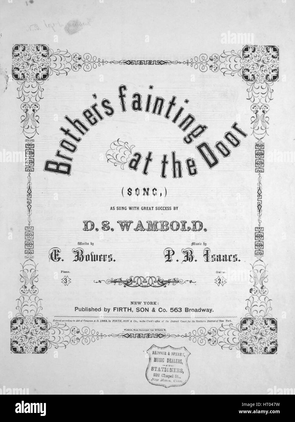 Foglio di musica immagine copertina della canzone 'fratello di svenimento alla porta Song', con paternitã originale lettura delle note "Parole da E Bowers musiche di PB Isaacs', Stati Uniti, 1863. L'editore è elencato come 'Firth, Figlio e Co., 563 Broadway', la forma della composizione è 'strofico con chorus', la strumentazione è 'pianoforte e voce", la prima linea recita "Yonder proviene un soldato stanco, con appartamento'ring passi attraverso il Moro', e l'illustrazione artista è elencato come 'Warren, musica Stereotyper 43 posteriore Centro San'. Foto Stock
