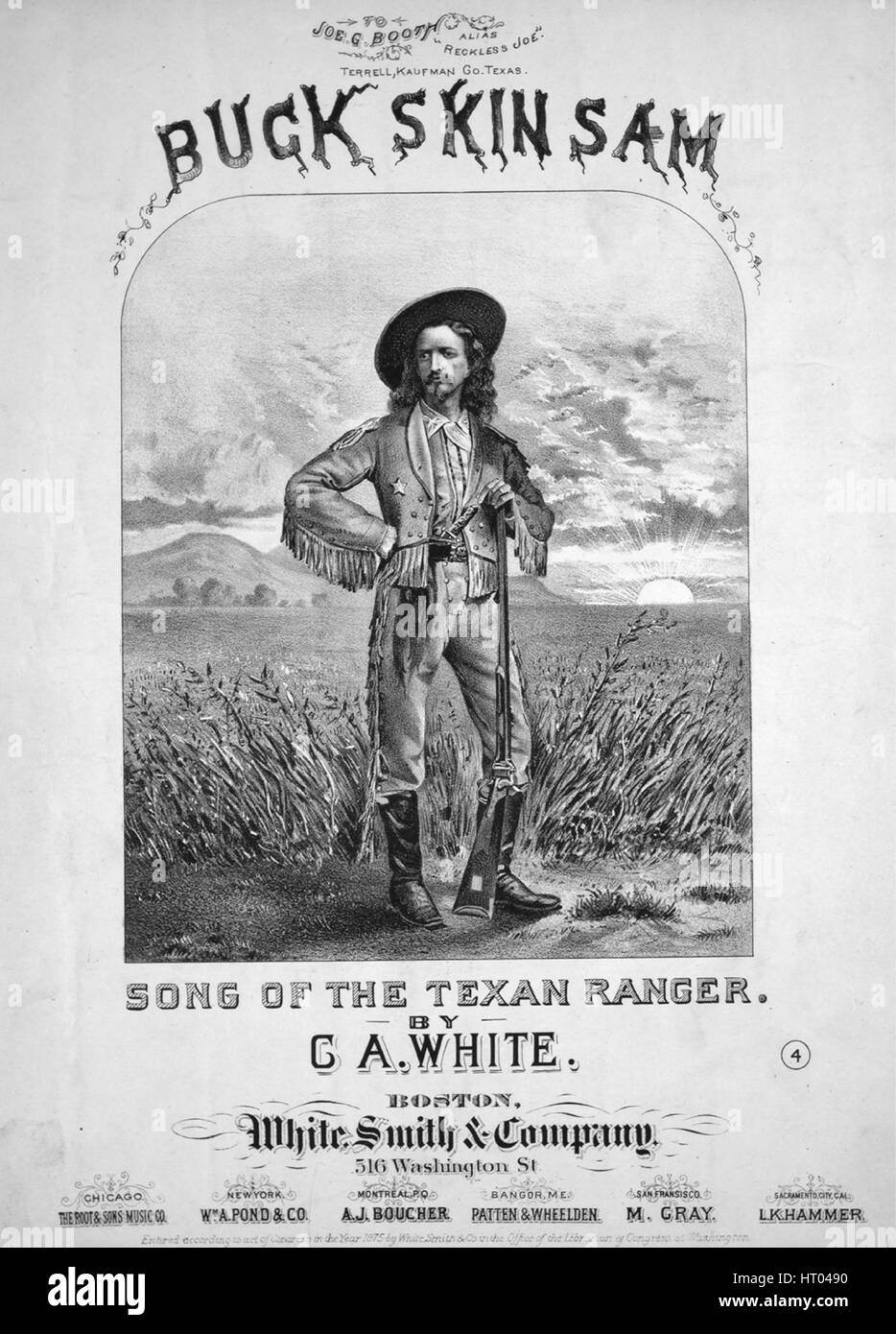 Foglio di musica immagine copertina della canzone 'Song del Ranger texano pelle Buck Sam', con paternitã originale lettura delle note "da Ca' Bianca, Stati Uniti, 1875. L'editore è elencato come "White, Smith e Company, 516 Washington St', la forma della composizione è 'strofico', la strumentazione è 'pianoforte e voce", la prima riga indica 'l'incenerimento oe"r la prarie [sic], esente da fatica e cura", e l'illustrazione artista è elencato come 'Terrell, Kaufman Co. Texas.; J.H. Bufford i figli Lith. 490 Washn. San Boston; R.W. Sherwood'. Foto Stock