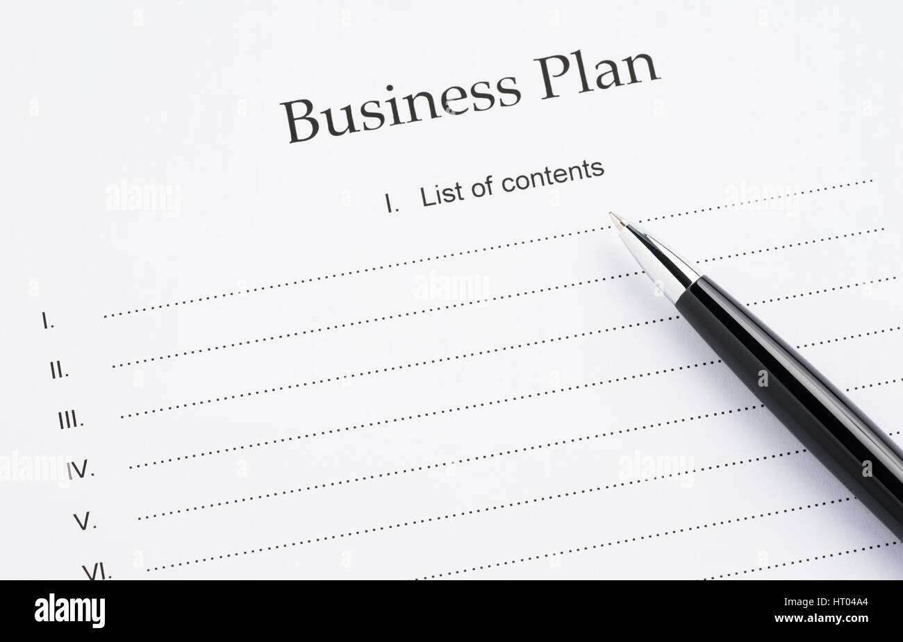 Business plan documento e penna, close-up Foto Stock