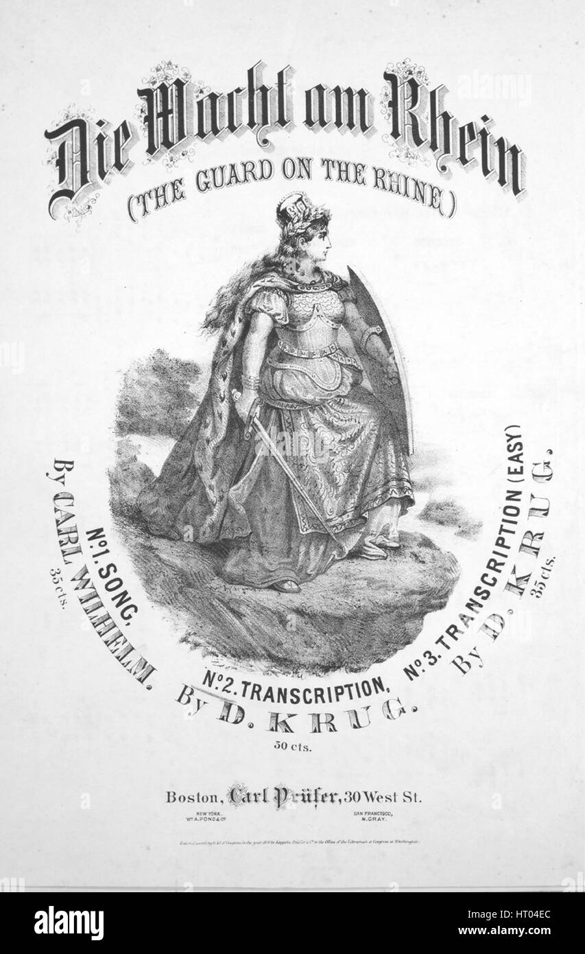 Foglio di musica immagine di copertina del brano 'Die Wacht am Rhein (la guardia sul Reno) Trascrizione', con paternitã originale lettura delle note "trascrizione di D Krug', Stati Uniti, 1870. L'editore è elencato come 'Carl Prufer, 30 West St.', la forma della composizione è 'sectional', la strumentazione è 'piano', la prima riga indica 'Nessuno', e l'illustrazione artista è elencato come 'Davenport Bros. Eng'rs. e stampanti'. Foto Stock