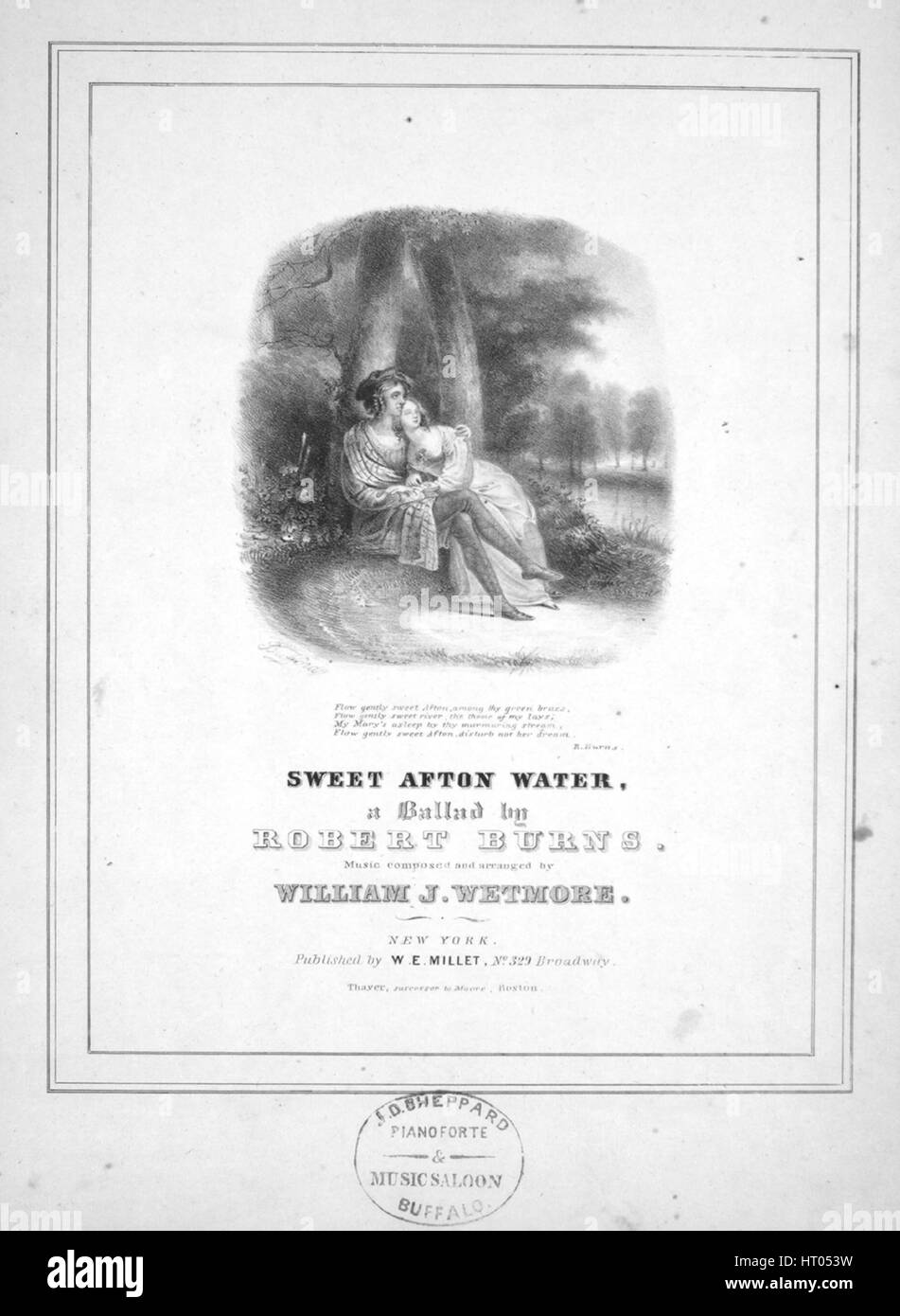 Foglio di musica immagine copertina della canzone 'Sweet Afton acqua una ballata', con paternitã originale lettura delle note "da Robert Burns musica composta e disposti da William J Wetmore', Stati Uniti, 1838. L'editore è elencato come 'W.E. Millett, No.329 Broadway', la forma della composizione è 'strofico', la strumentazione è 'pianoforte e voce", la prima riga indica 'Flusso delicatamente dolce Afton, fra il tuo green bricchi, flusso delicatamente', e l'illustrazione artista è elencato come 'Bufford [Canc.]". Foto Stock