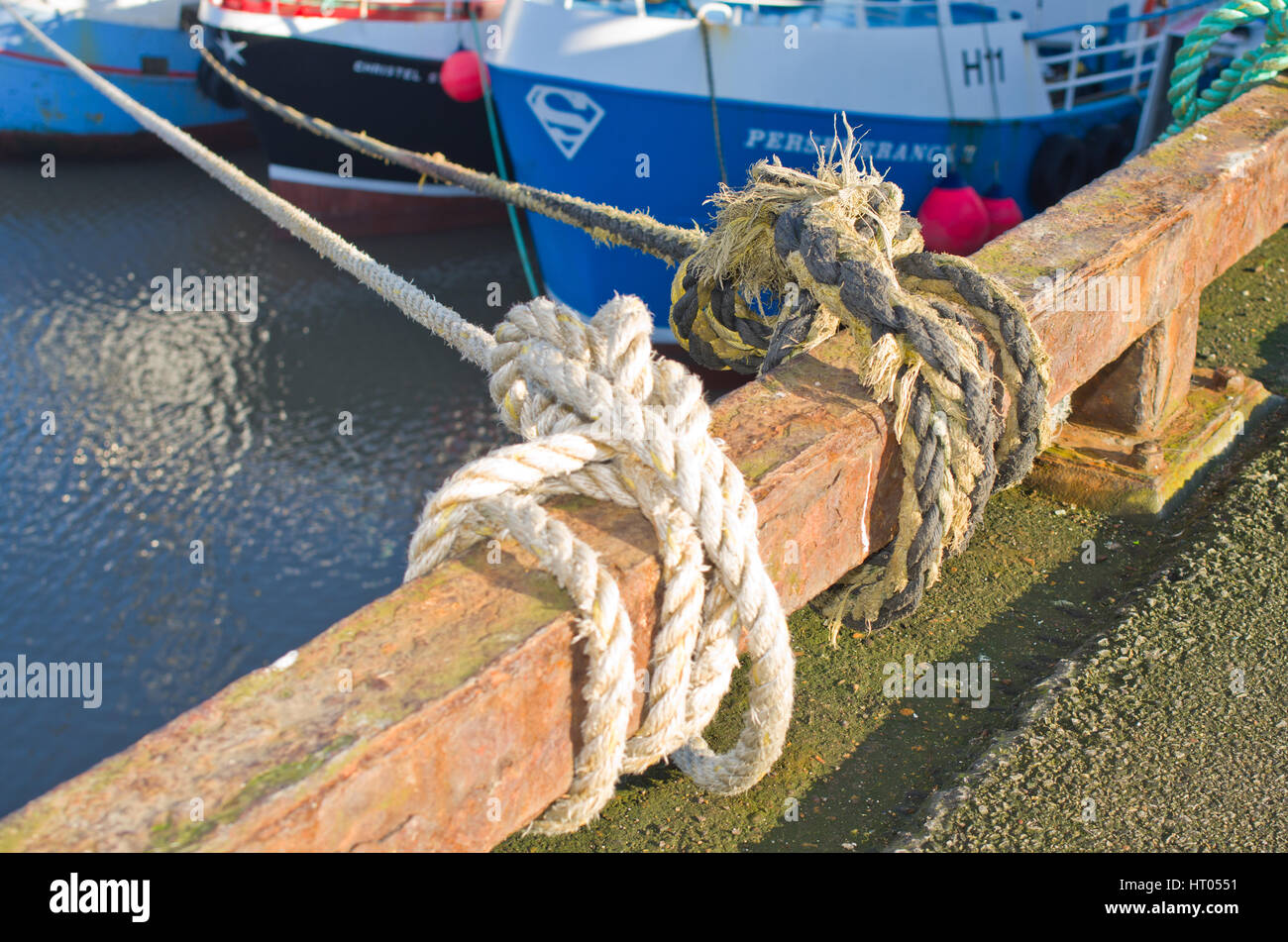 Barche da pesca e funi di ormeggio Porto Regno Unito Foto stock - Alamy