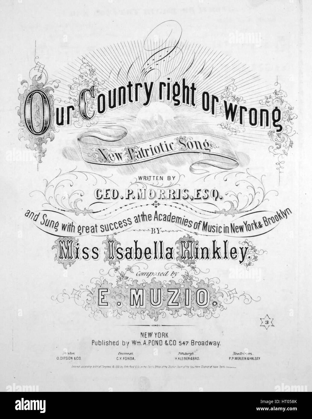 Foglio di musica immagine copertina della canzone "il nostro paese giusto o sbagliato nuova canzone patriottica", con paternitã originale lettura delle note " scritto da Geo P Morris, Esq composto da E Muzio', Stati Uniti, 1861. L'editore è elencato come 'Wm. A. stagno e Co., 547 Broadway', la forma della composizione è 'strofico con chorus', la strumentazione è 'pianoforte e voce", la prima linea recita "in libertà è il nome della nostra lame di disegnare, ella ci di armi per la lotta', e l'illustrazione artista è elencato come 'Nessuno'. Foto Stock