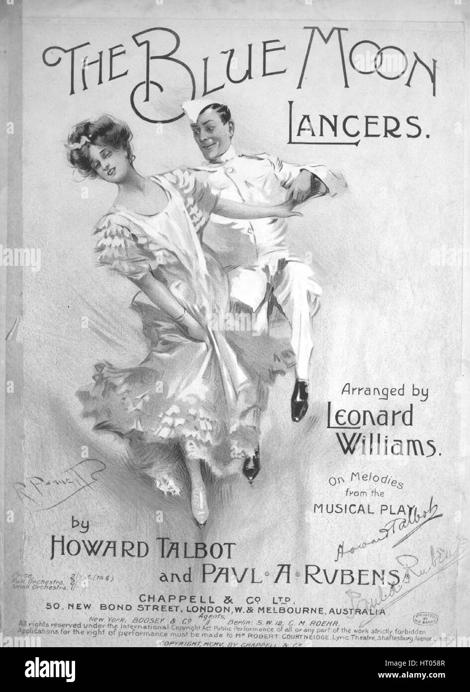 Foglio di musica immagine copertina della canzone "Blue Moon Lancieri', con paternitã originale lettura delle note "disposti da Leonard Williams su melodie da il gioco musicale da Howard Talbot e Paolo un Rubens', Regno Unito, 1905. L'editore è elencato come 'Chappell e Co., Ltd., 50 New Bond Street', la forma della composizione è 'cinque da capo dei movimenti, la strumentazione è 'piano', la prima riga indica 'Nessuno', e l'illustrazione artista è elencato come "R. Pannell'. Foto Stock