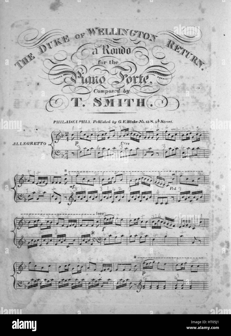 Foglio di musica immagine copertina della canzone "Il Duca di Wellington che restituiscono un Rondo per il Piano Forte', con paternitã originale lettura delle note "composto da T Smith', Stati Uniti, 1900. L'editore è elencato come 'G.E. Blake, No.13 S. 5th Street', la forma della composizione è 'Rondo', la strumentazione è 'piano', la prima riga indica 'Nessuno', e l'illustrazione artista è elencato come 'Nessuno'. Foto Stock